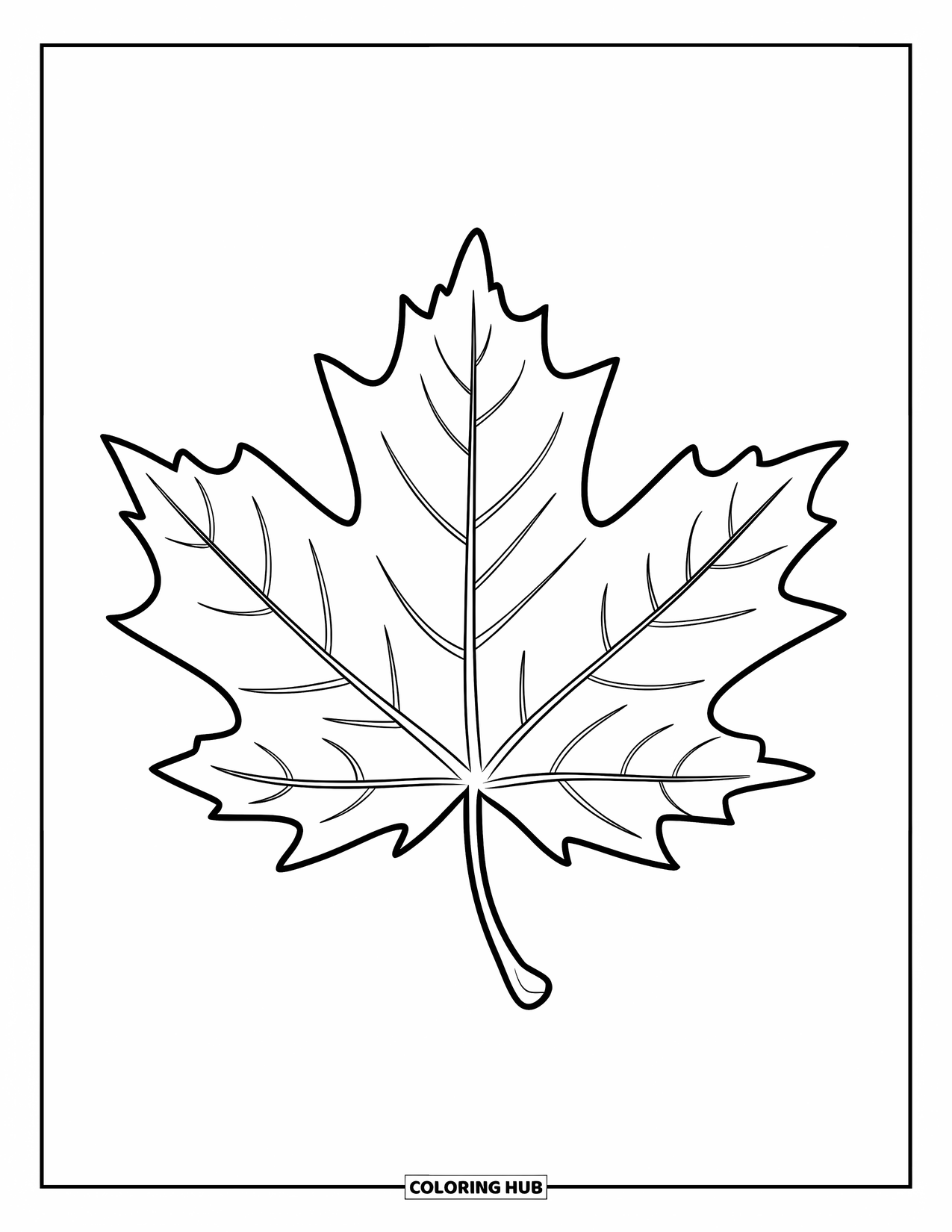 Fall Leaves Coloring Page for Kids: A bold, centered maple leaf with a visible stem
