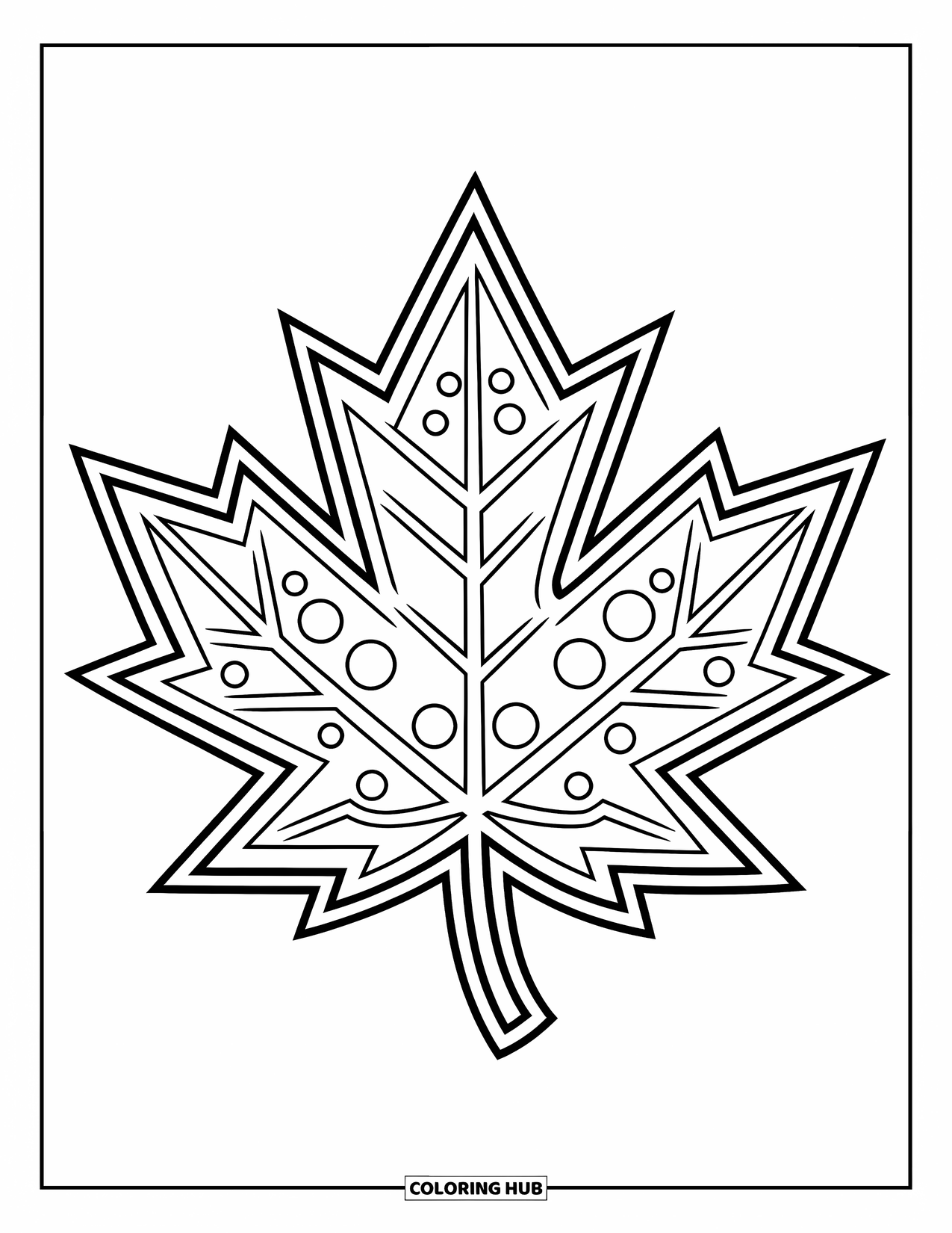 Fall Leaves Coloring Page for Kids: A central maple leaf filled with small circles