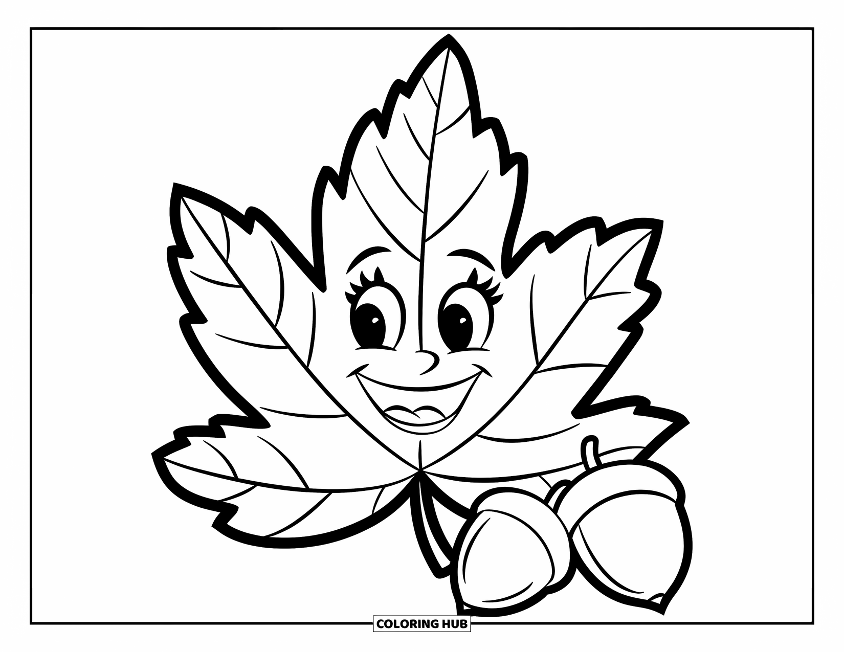 Fall Leaves Coloring Page for Kids: A cheerful fall leaf and two round acorns brighten up the clean layout