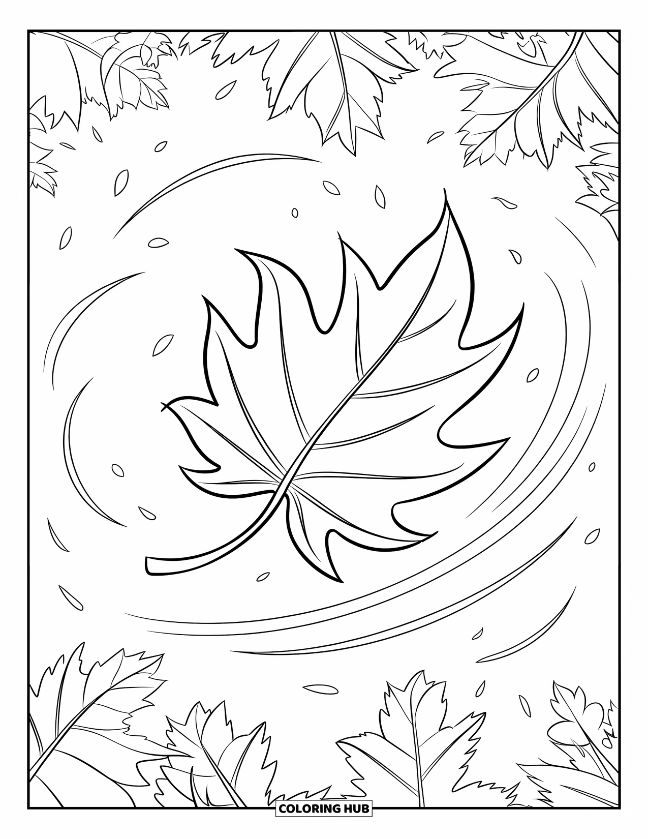 Fall Leaves Coloring Page for Kids: A fall leaf caught mid-air in a breeze surrounded by soft swirls