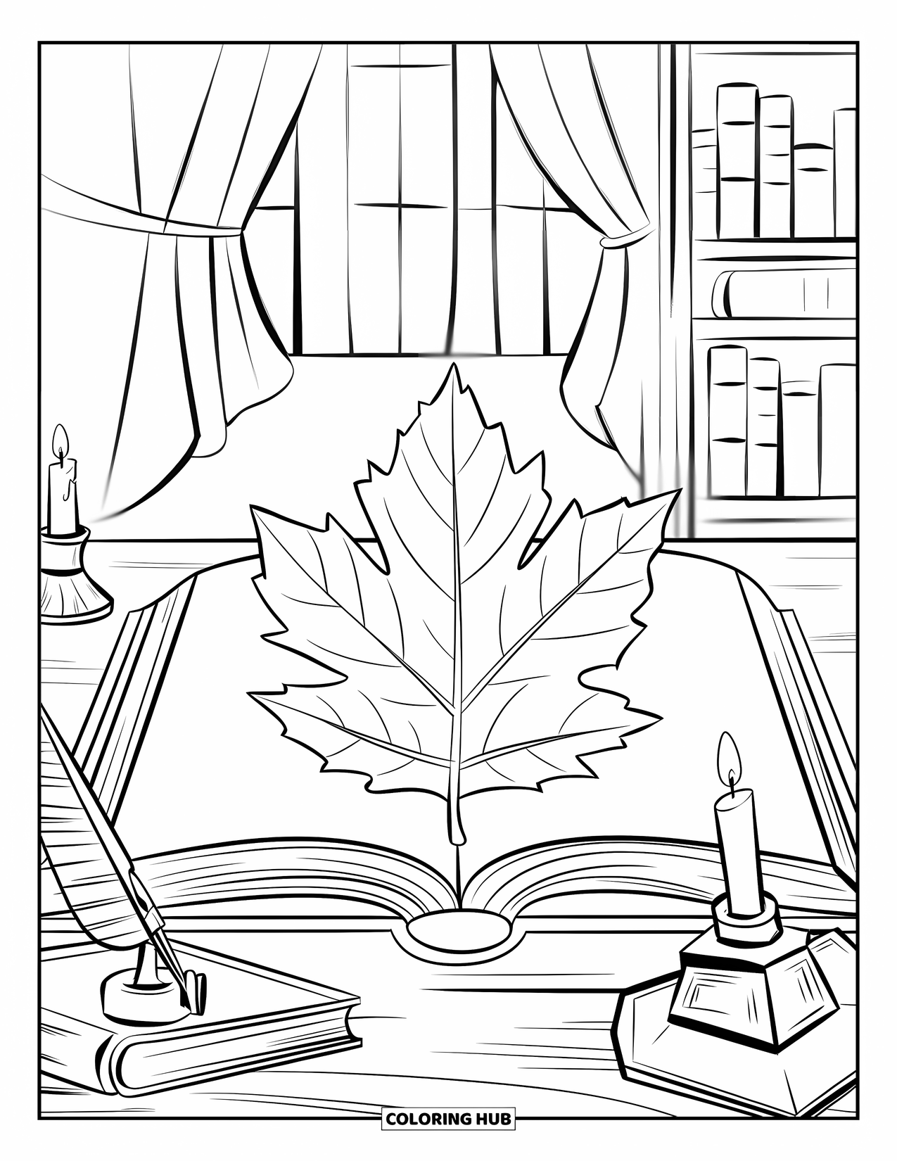 Fall Leaves Coloring Page for Kids: A fall leaf marks a book open on a rustic table with cozy decor