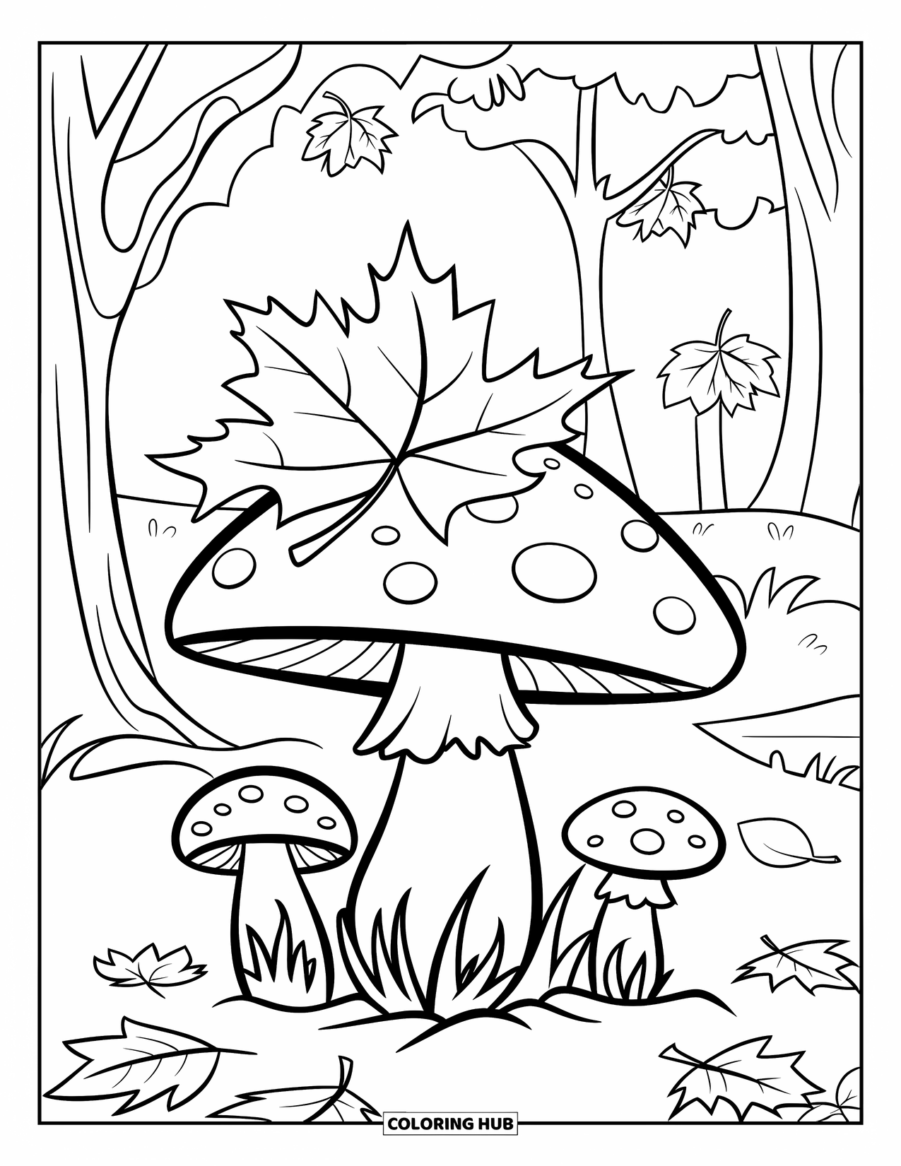Fall Leaves Coloring Page for Kids: A forest floor filled with mushrooms holds a leaf on a central cap