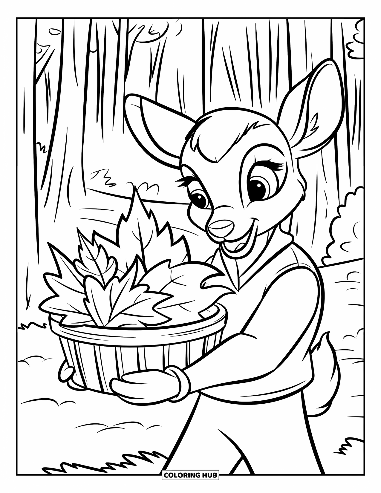 Fall Leaves Coloring Page for Kids: A friendly deer in a vest holds a basket stacked with colorful fall leaves