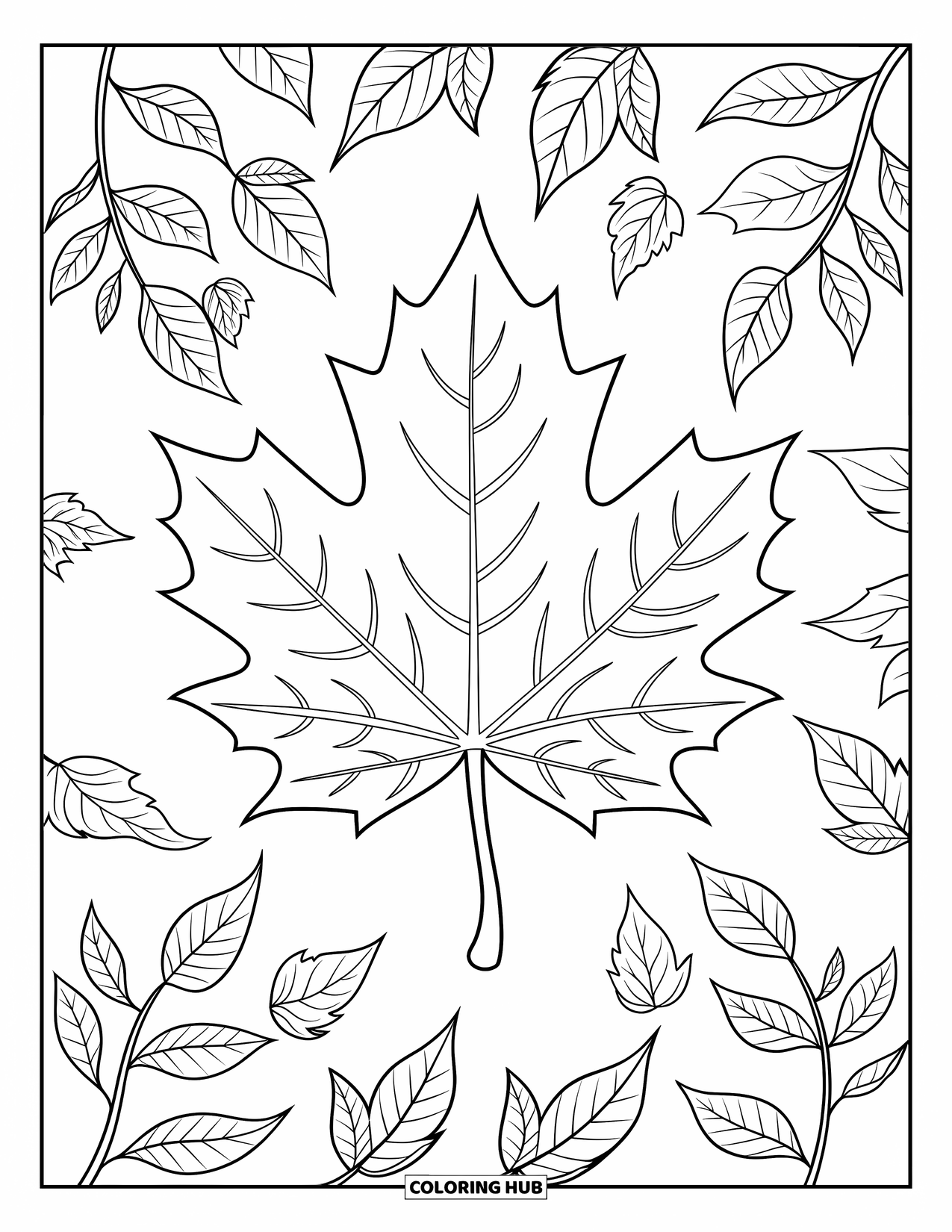 Fall Leaves Coloring Page for Kids: A large maple leaf with bold lines is surrounded by smaller leaves and leafy stems