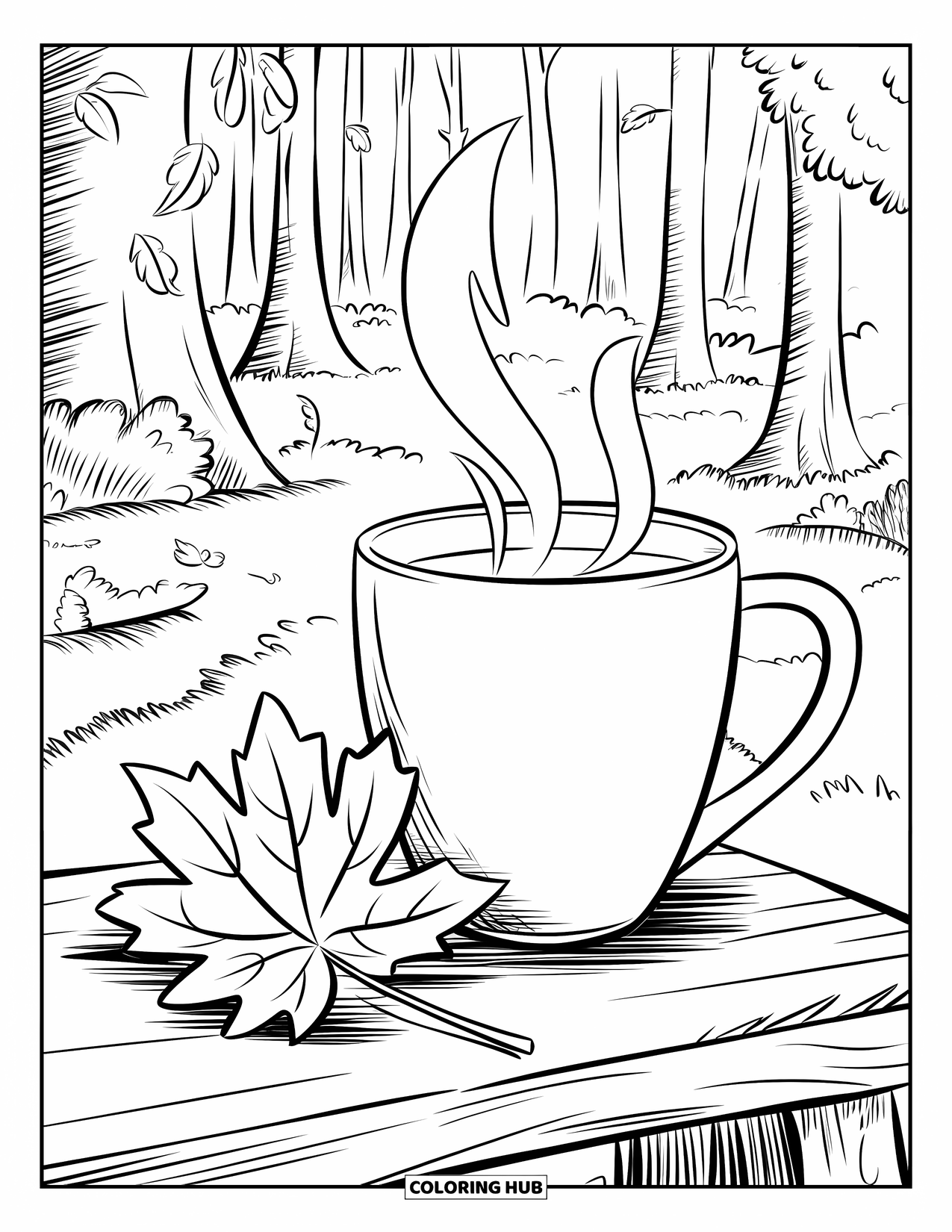 Fall Leaves Coloring Page for Kids: A leaf and tea mug sit together on a bench in a quiet forest