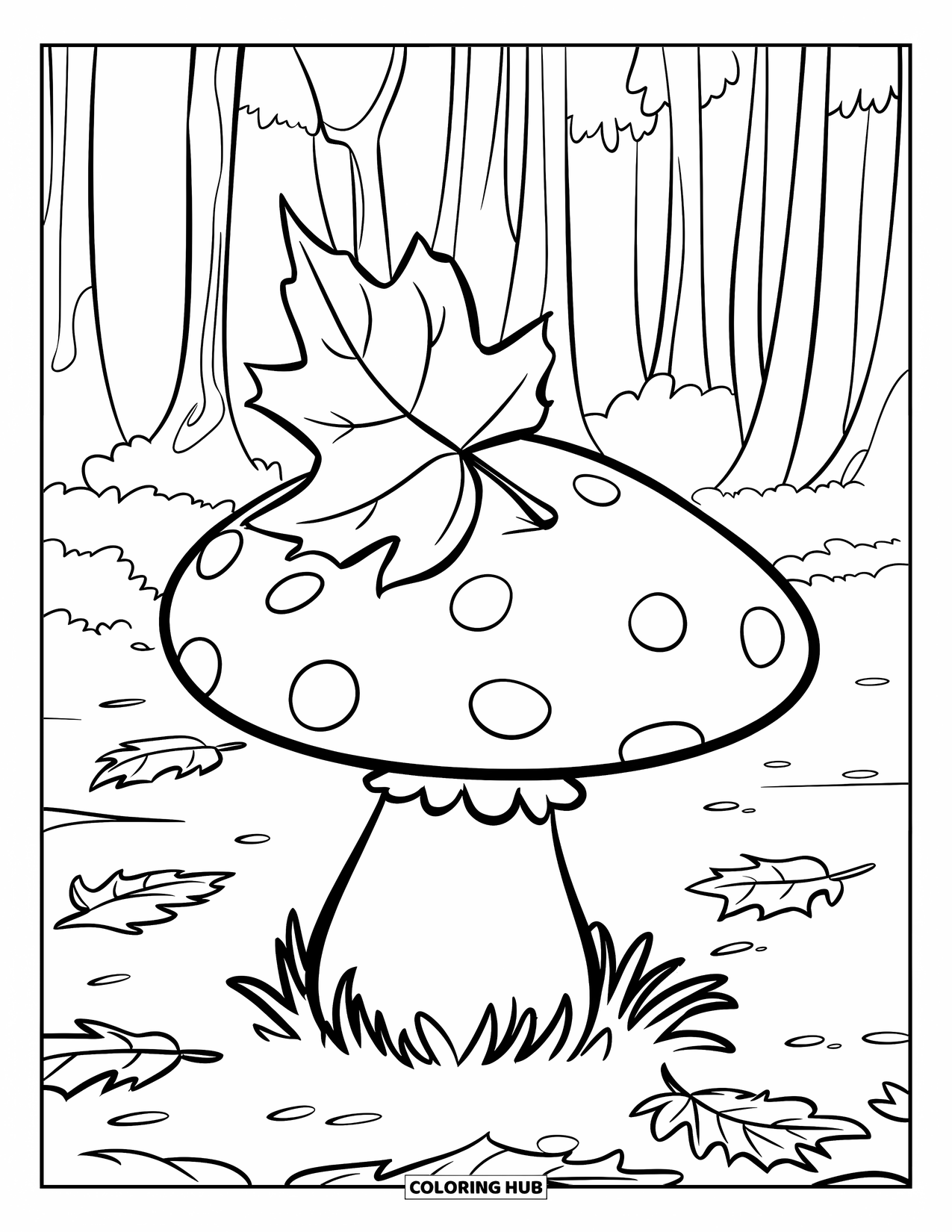 Fall Leaves Coloring Page for Kids: A lone fall leaf rests peacefully on a mushroom cap in the woods