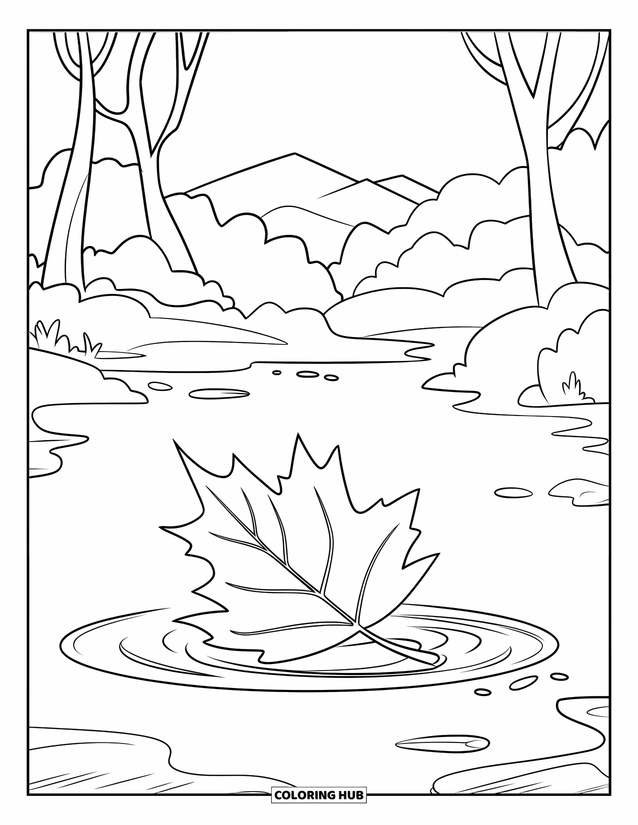 Fall Leaves Coloring Page for Kids: A lone leaf drifts in a puddle under a peaceful sky and mountain view