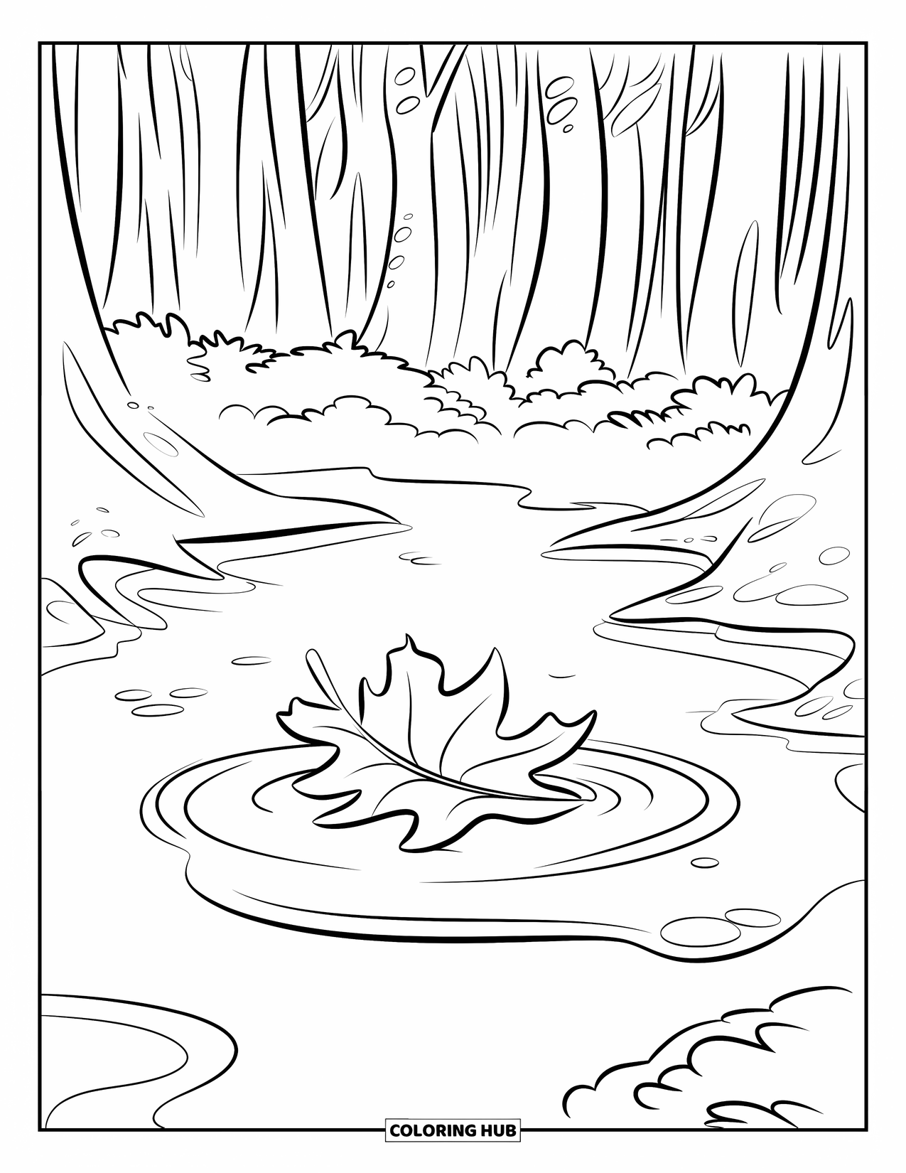 Fall Leaves Coloring Page for Kids: A quiet puddle holds a floating leaf surrounded by tall forest trees