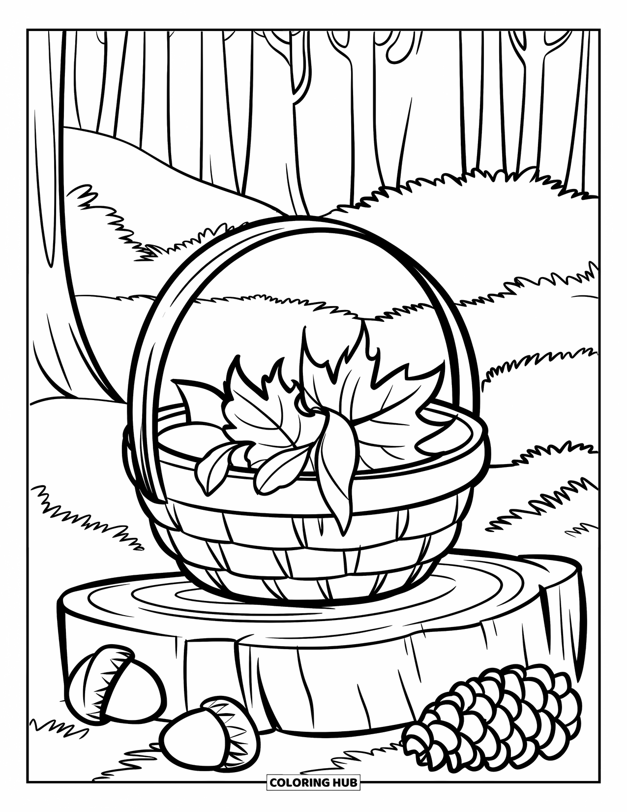 Fall Leaves Coloring Page for Kids: A rustic basket filled with fall leaves, acorns, and pinecones sits in a quiet forest