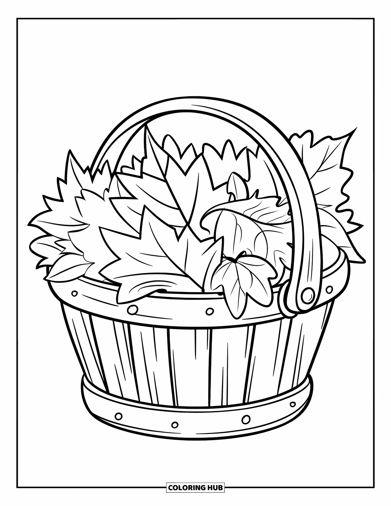Fall Leaves Coloring Page for Kids: A small wooden basket overflows with crisp autumn leaves on a wooden base