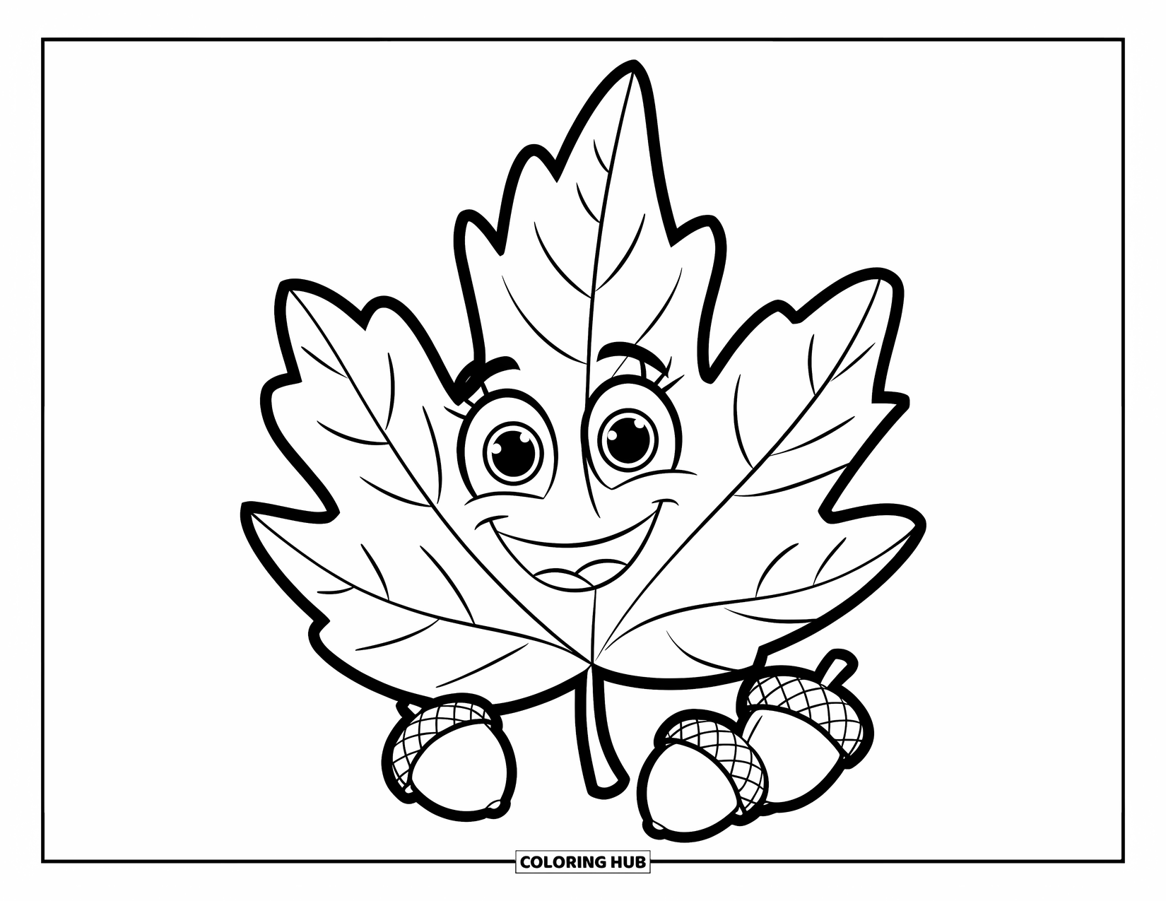 Fall Leaves Coloring Page for Kids: A smiling fall leaf beams beside two small acorns, perfect for preschoolers