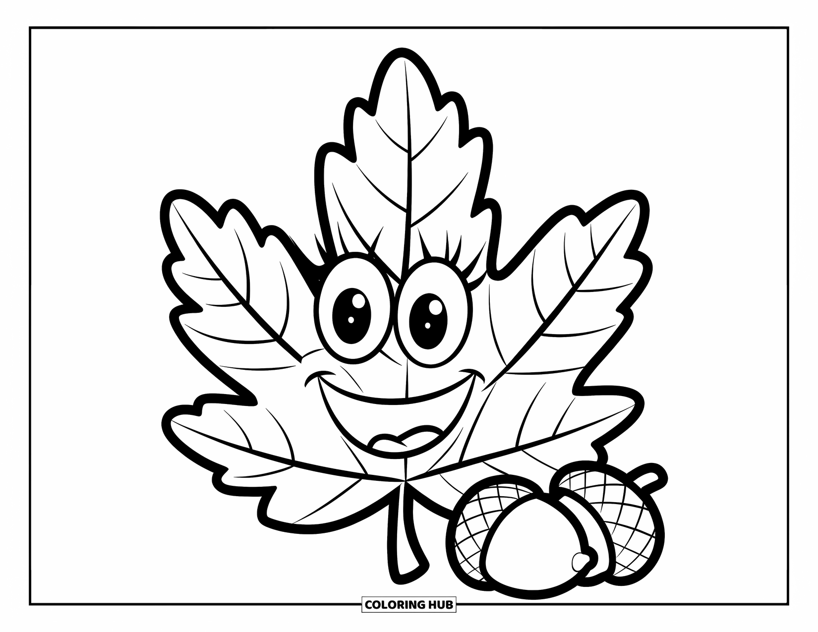 Fall Leaves Coloring Page for Kids: A smiling fall leaf with big eyes sits happily beside two tiny acorns