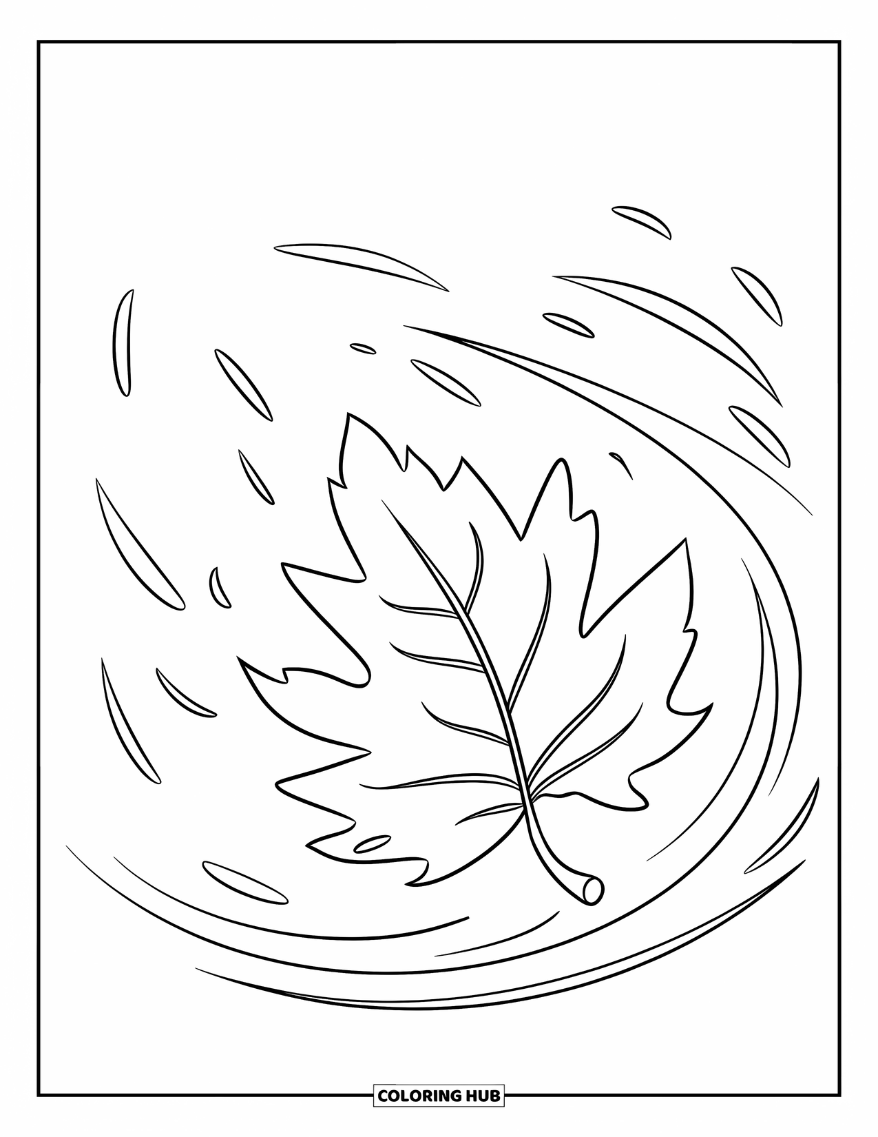 Fall Leaves Coloring Page for Kids: A swirling breeze lifts a single fall leaf in a gentle dance