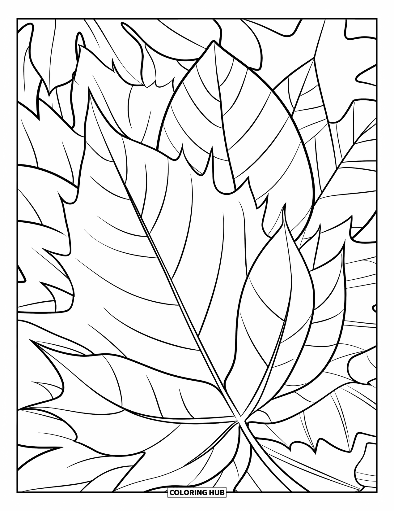 Fall Leaves Coloring Page for Kids: A trio of stacked leaves in various shapes and sizes rest calmly together