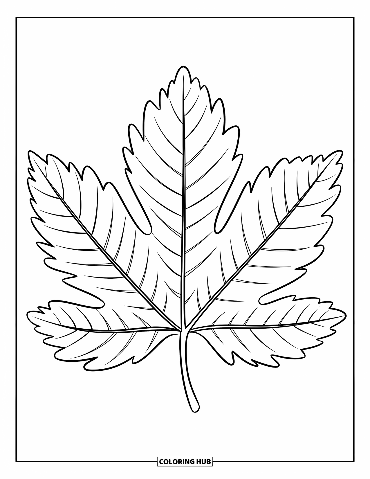 Fall Leaves Coloring Page for Kids: A wide-lobed chestnut leaf extends from its stem in a bold outline