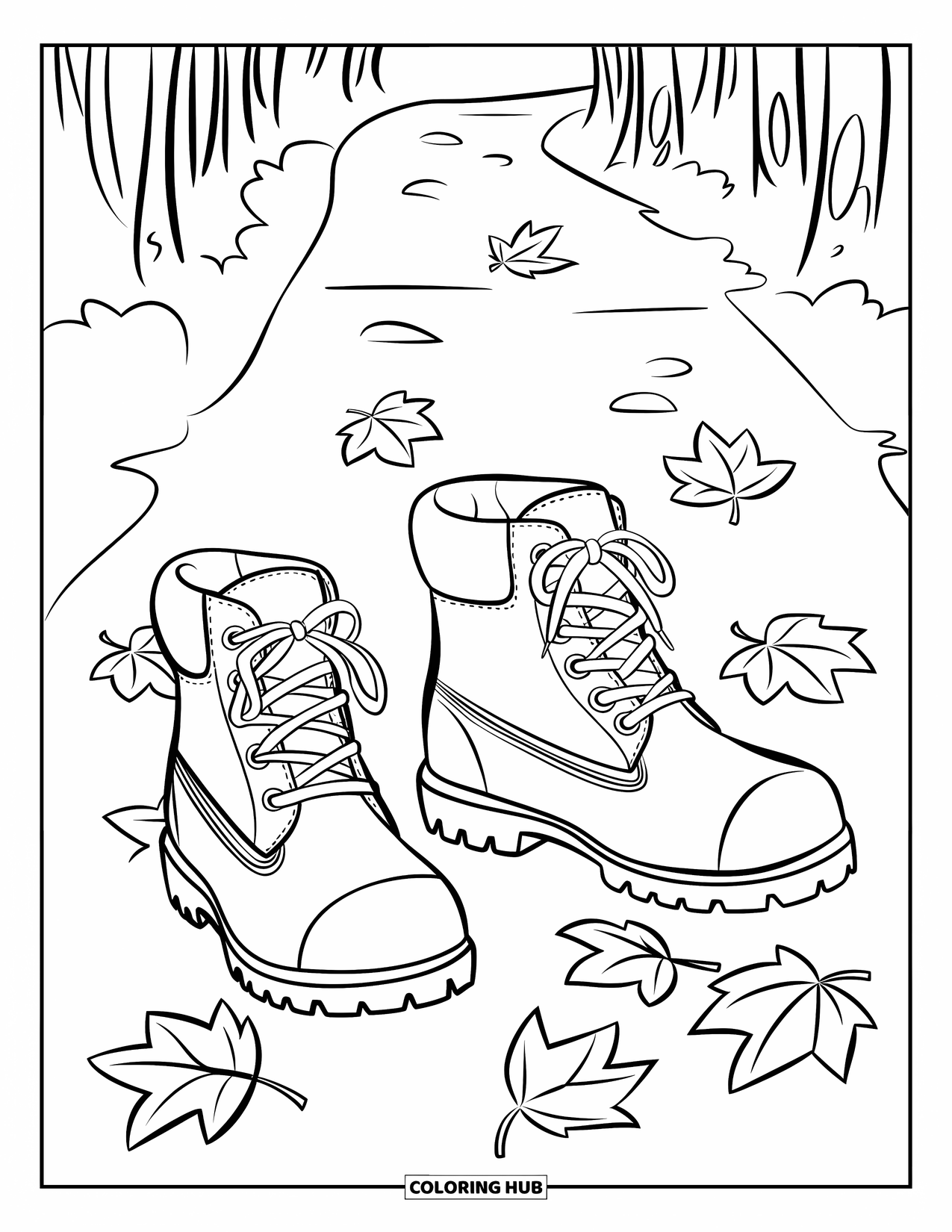 Fall Leaves Coloring Page for Kids: Boots walk a path filled with crisp leaves and gentle forest air