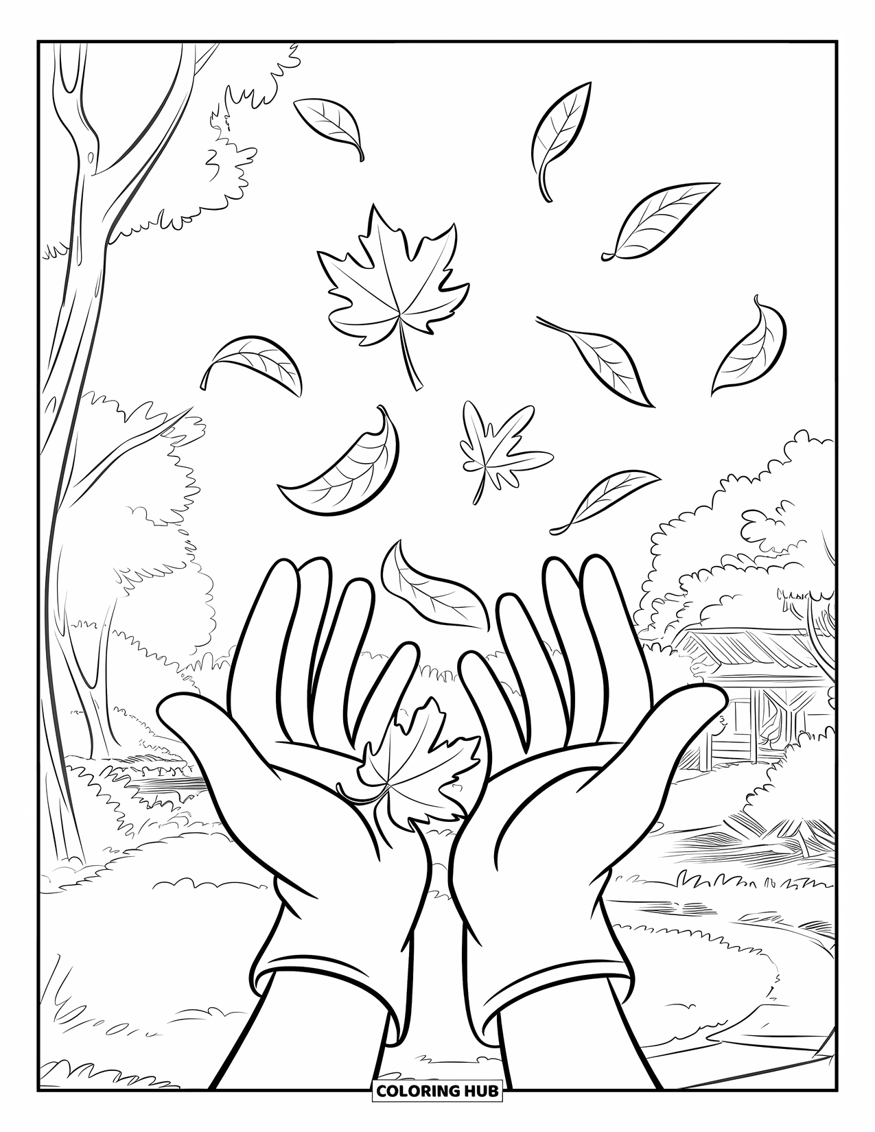 Fall Leaves Coloring Page for Kids: Gloved hands catch swirling fall leaves under tall forest trees