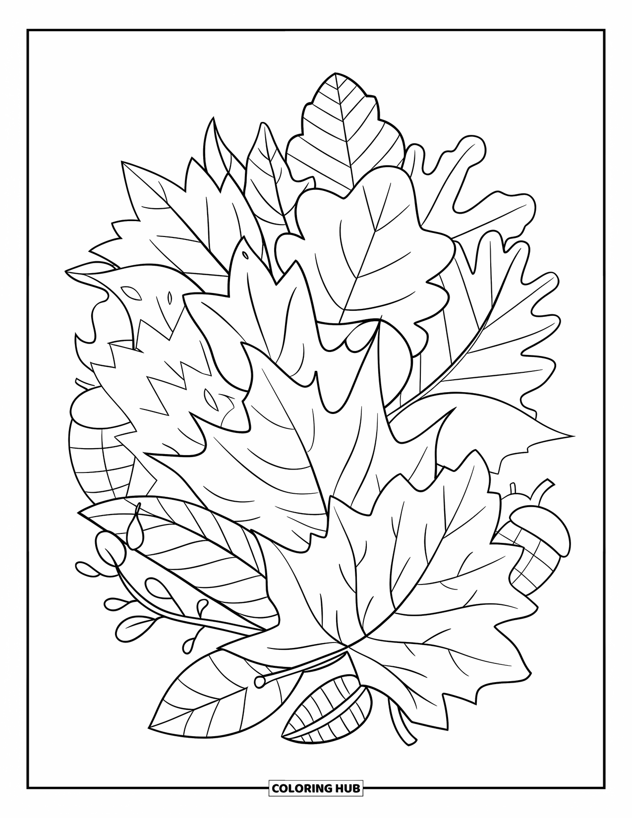 Fall Leaves Coloring Page for Kids: Layered leaves and tiny acorns fill a gentle collage of fall shapes