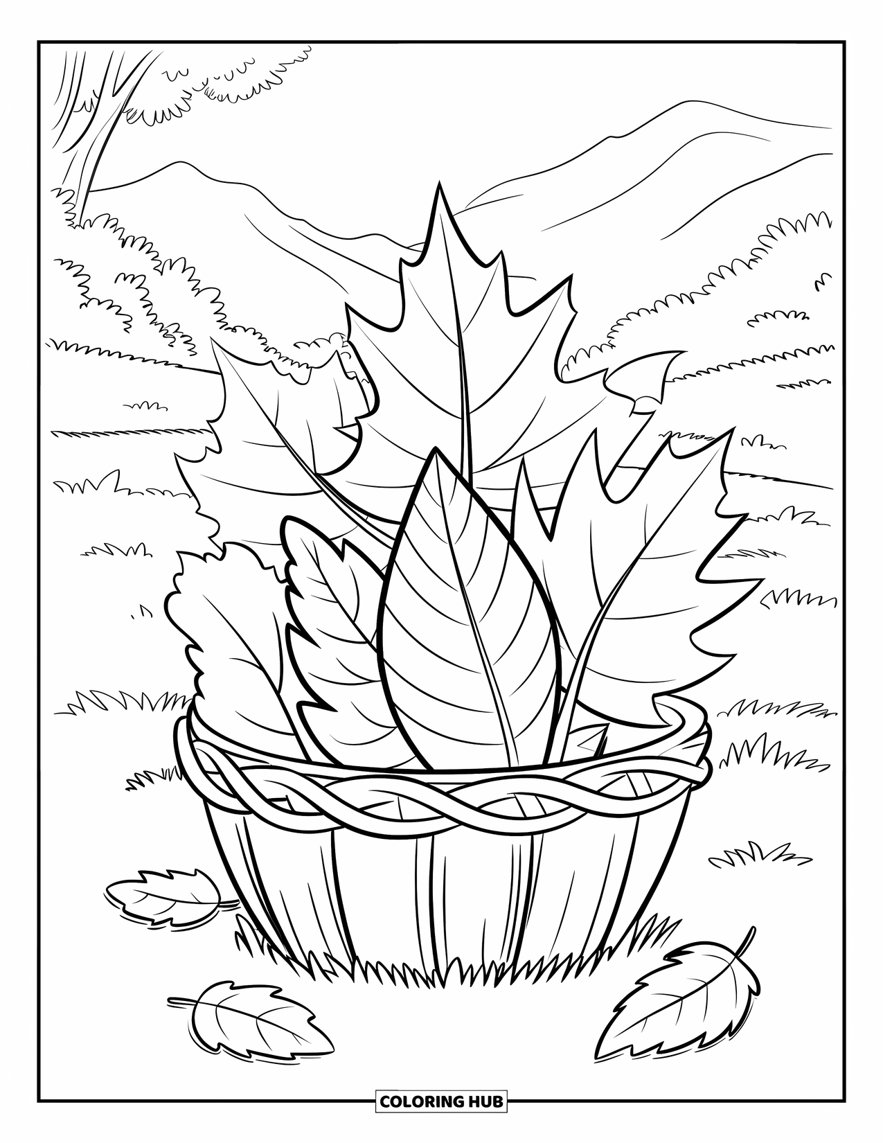 Fall Leaves Coloring Page for Kids: Twisting leaves fill a woven basket resting in a grassy meadow near mountains