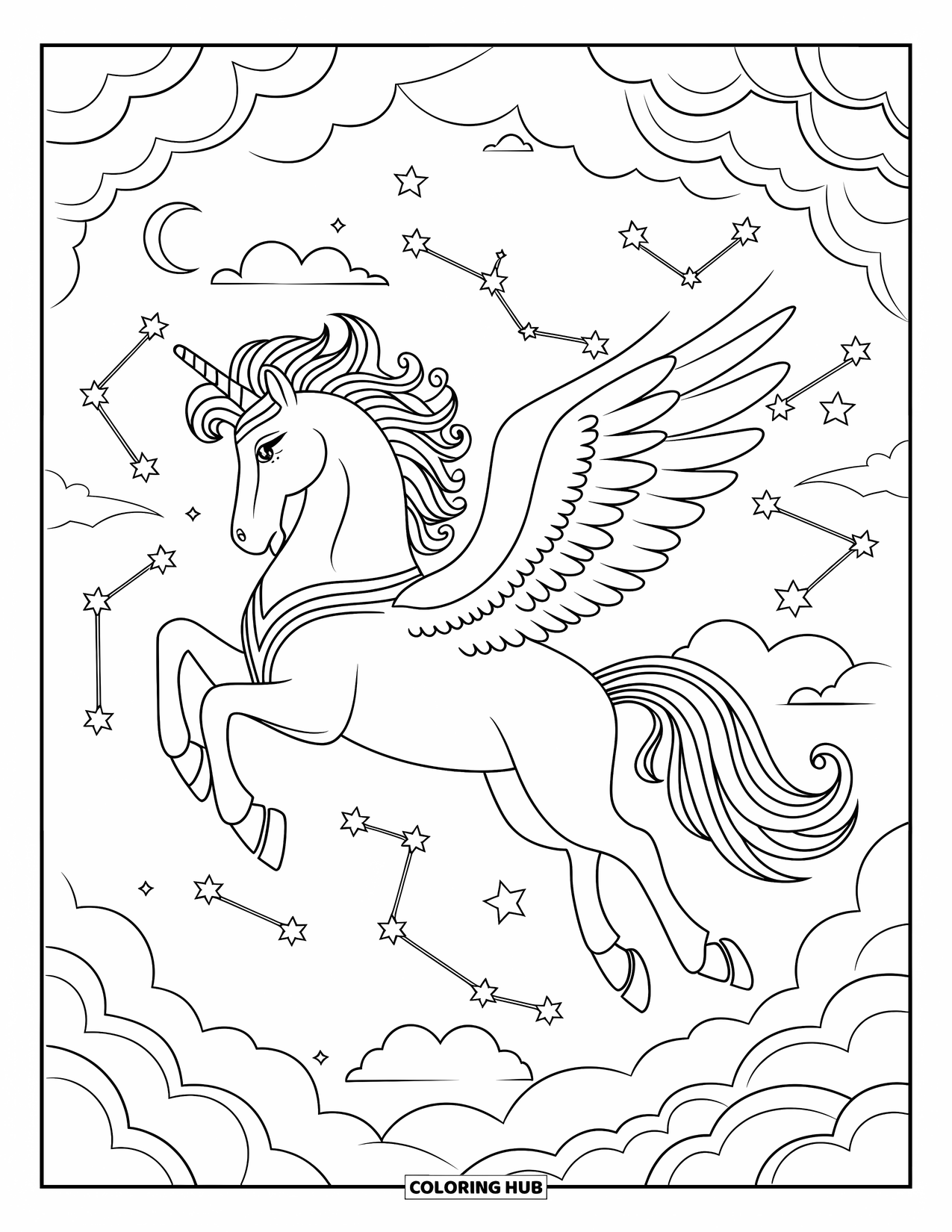 Fantasy Coloring Page for Adults: A crowned pegasus soars through clouds and constellations under a glowing moon