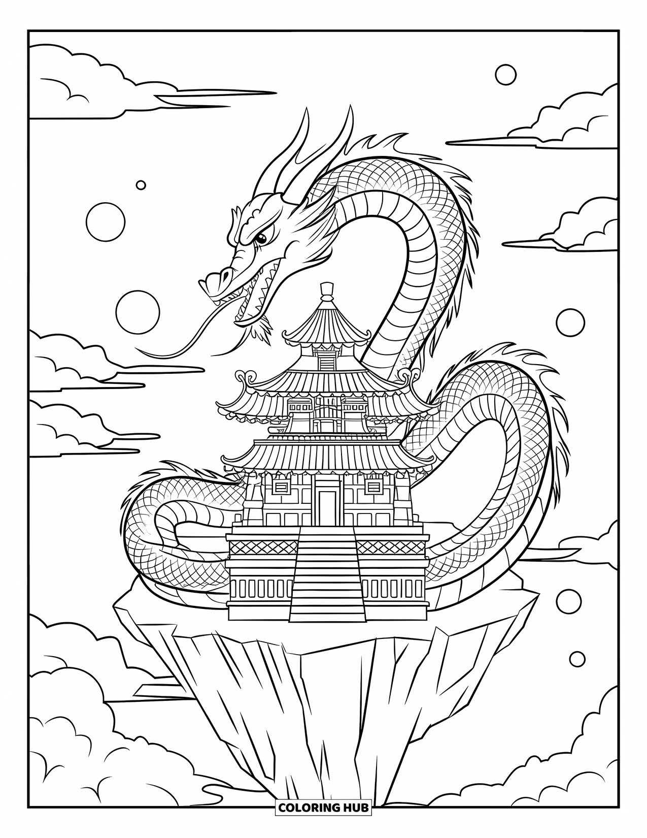 Fantasy Coloring Page for Adults: A fierce dragon guards a floating temple surrounded by clouds and glowing orbs