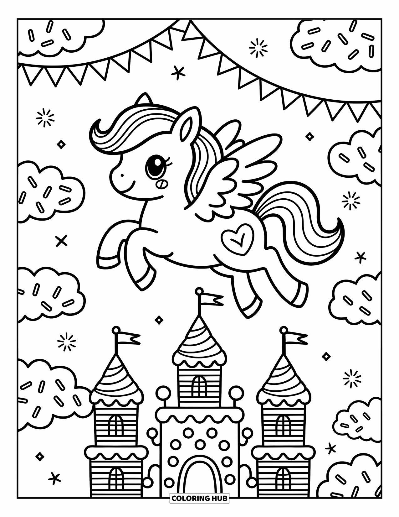 Fantasy Coloring Page for Adults: A flying pegasus soars above a fantasy castle with clouds and joyful floating decorations