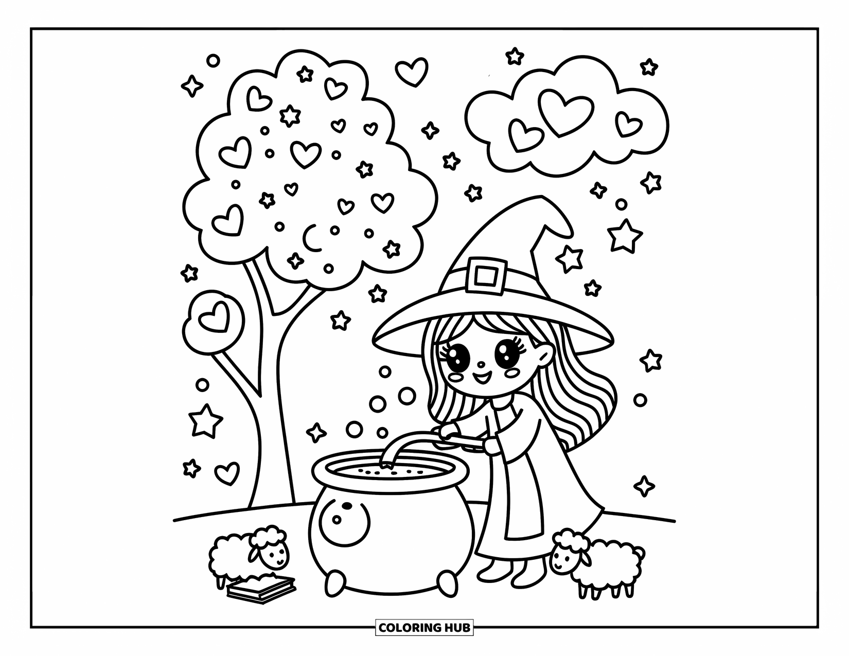 Fantasy Coloring Page for Adults: A magical witch brews dreamy potions under a starlit tree filled with floating bedtime icons