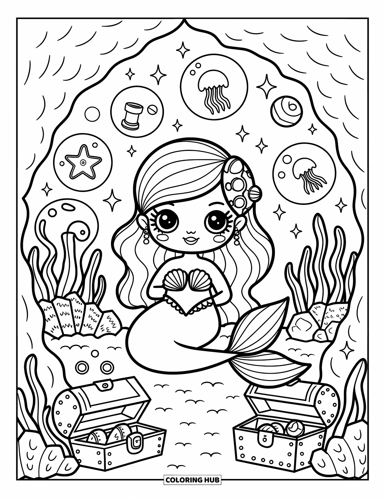Fantasy Coloring Page for Adults: A mermaid relaxes in a coral cave filled with glowing crystals, treasure, and curious sea life