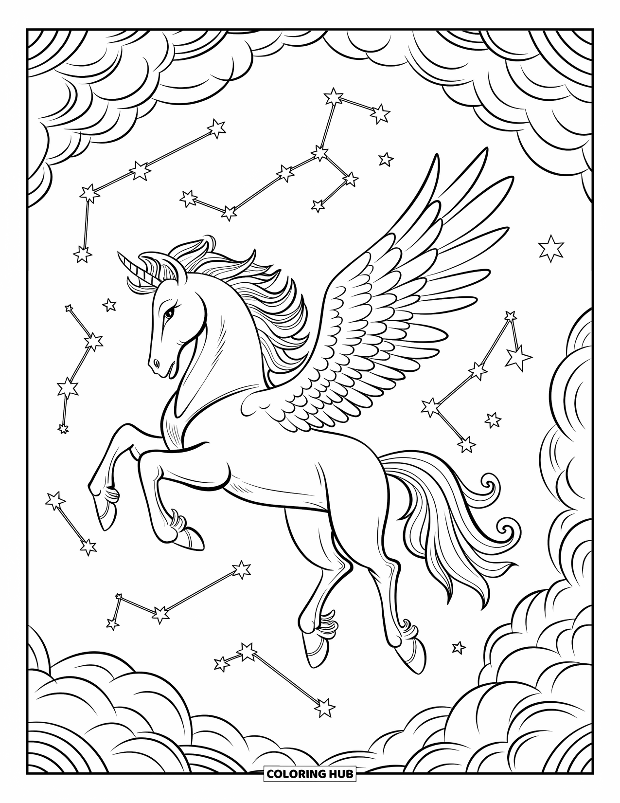 Fantasy Coloring Page for Adults: A pegasus flies high through swirling clouds and stars forming dreamy constellations above