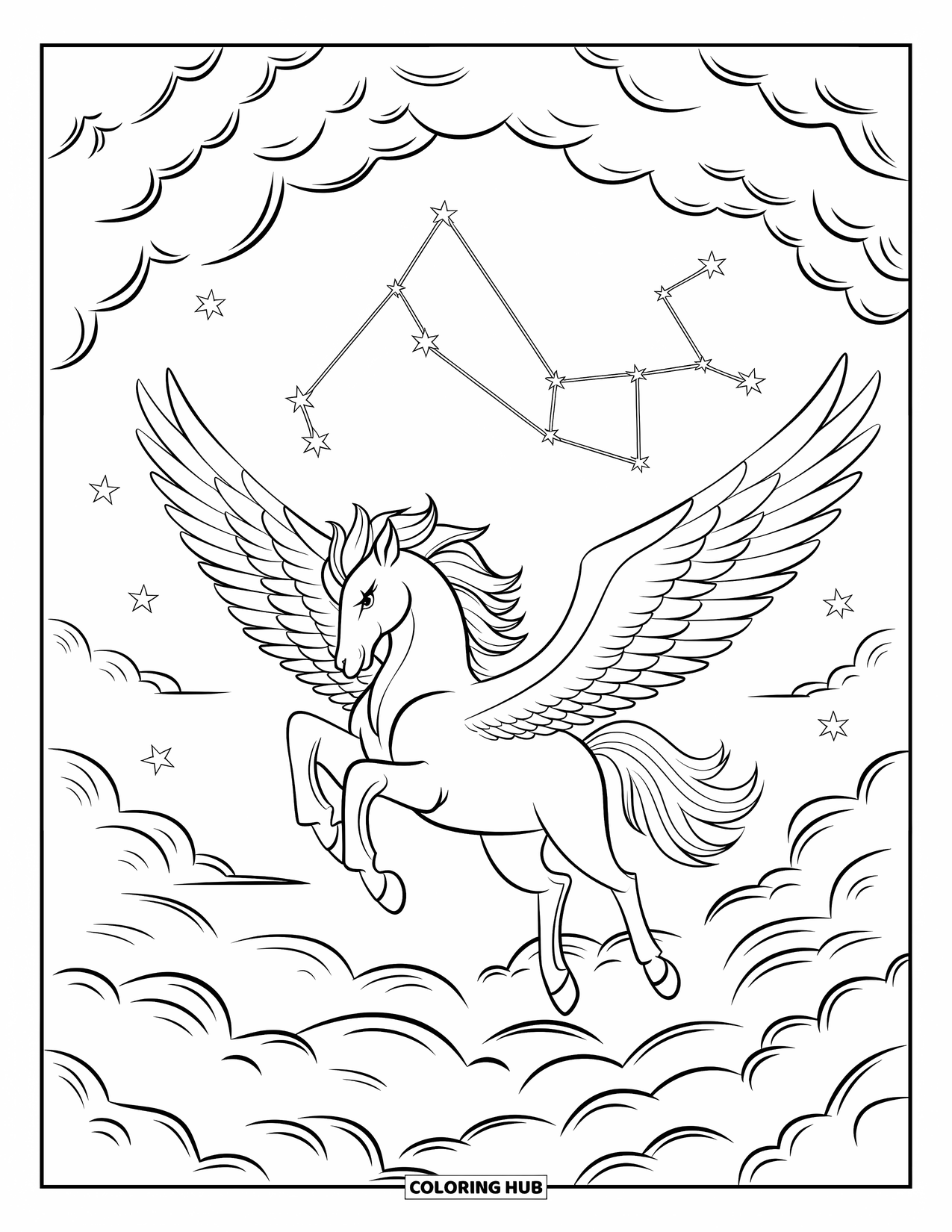 Fantasy Coloring Page for Adults: A pegasus with wide wings flies above swirling clouds and starlit constellations
