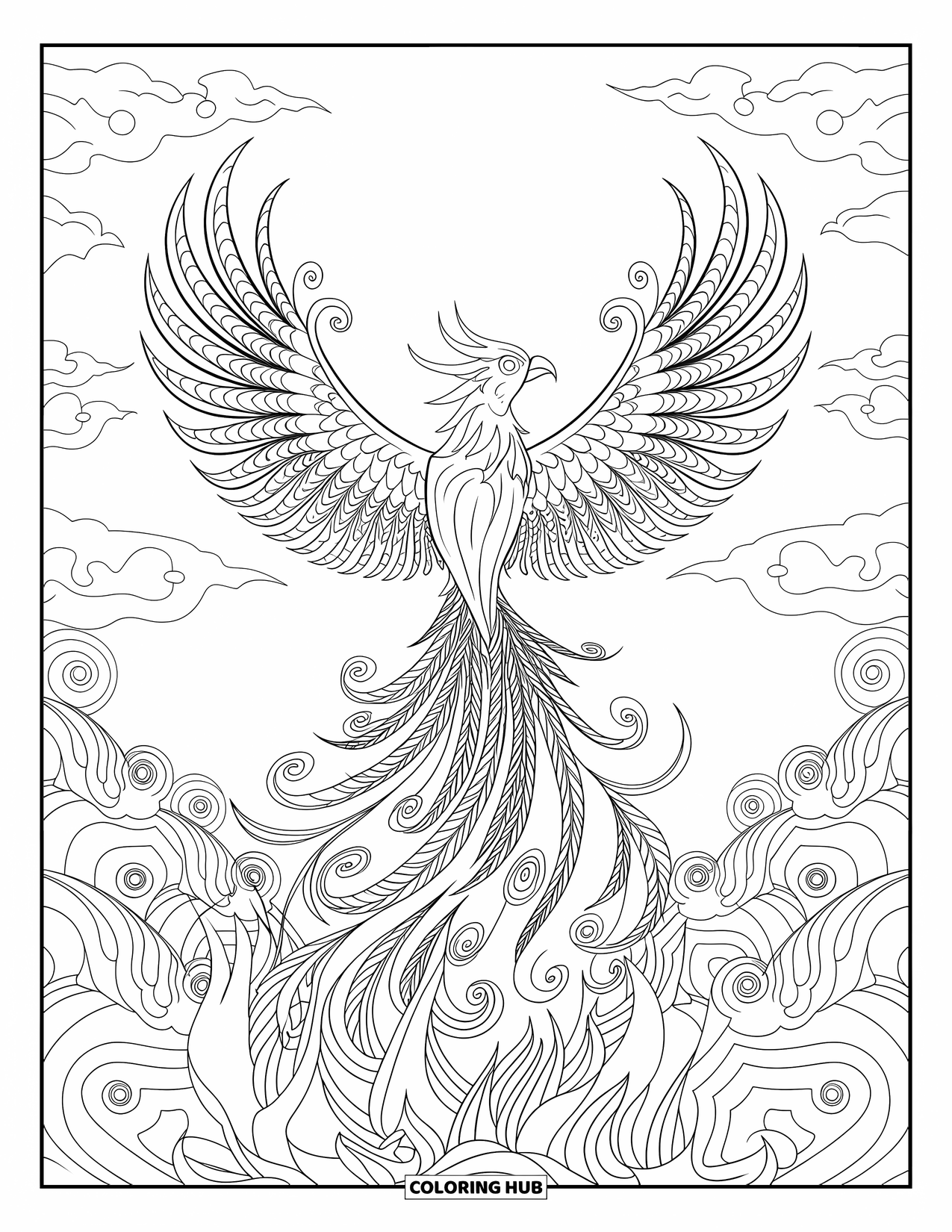 Fantasy Coloring Page for Adults: A phoenix rises through swirling flames and skyward spirals with beautifully patterned feathers