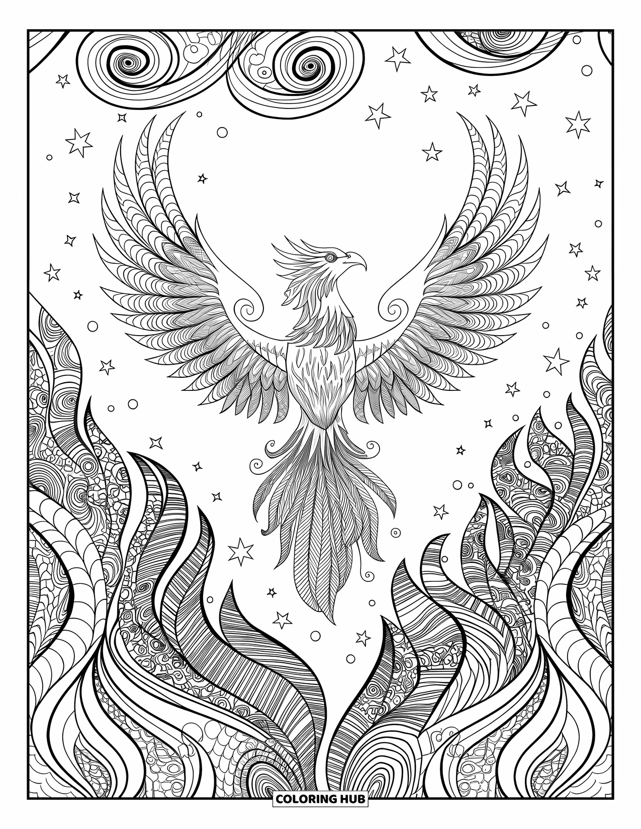Fantasy Coloring Page for Adults: A phoenix soars upward through patterned flames and stars in a mandala-like sky design