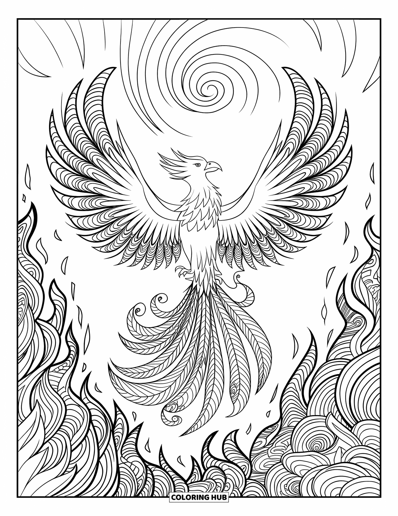 Fantasy Coloring Page for Adults: A phoenix spreads its wings through flames and spirals in a dramatic, fiery sky scene
