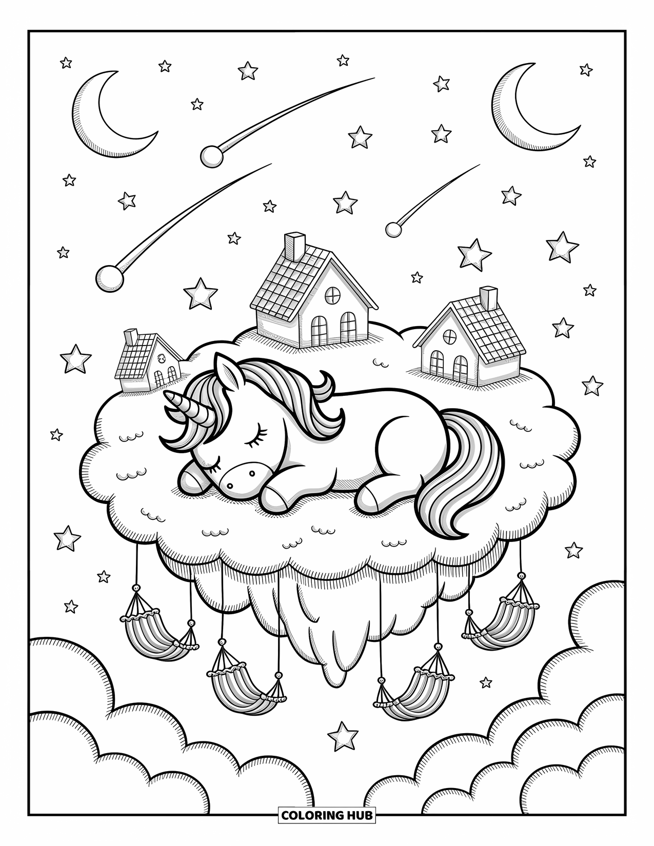 Fantasy Coloring Page for Adults: A unicorn dozes peacefully on floating clouds among moons, stars, and cozy cloud houses