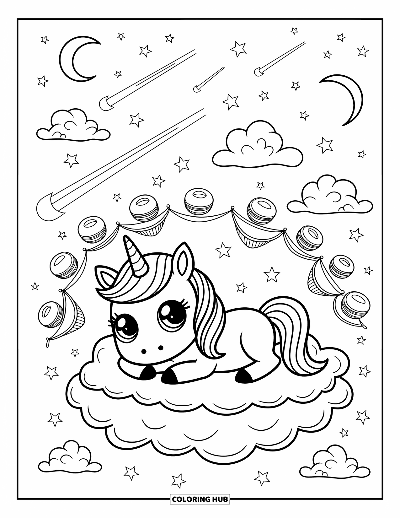 Fantasy Coloring Page for Adults: A unicorn rests on a cloud island with macaron houses, dreamy skies, and twinkling stars