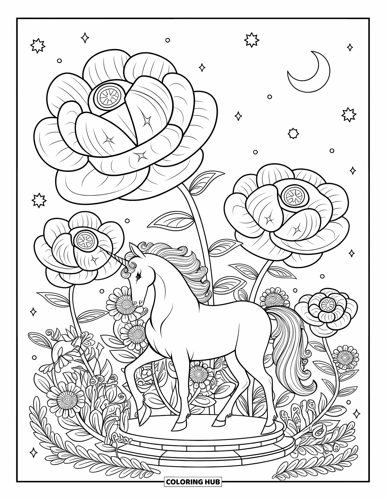 Fantasy Coloring Page for Adults: A unicorn with flowing mane poses in a magical garden of stars, moons, and spiral blooms