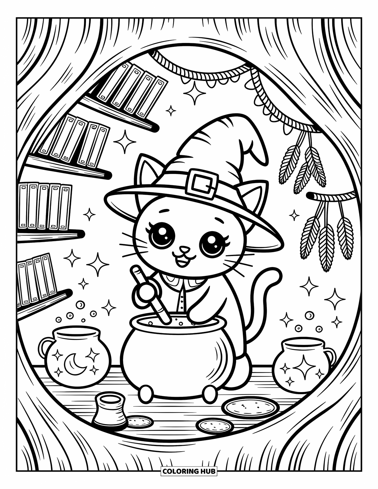 Fantasy Coloring Page for Adults: A wizard cat mixes potions inside a cozy library tree filled with books and glowing jars