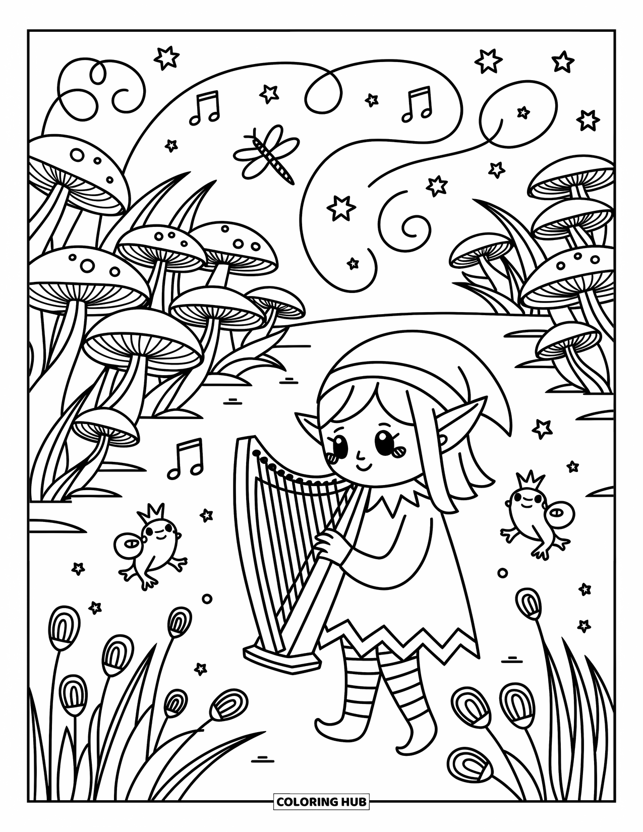 Fantasy Coloring Page for Adults: An elf girl plays a harp by a river with crowned frogs, mushrooms, and musical dragonflies