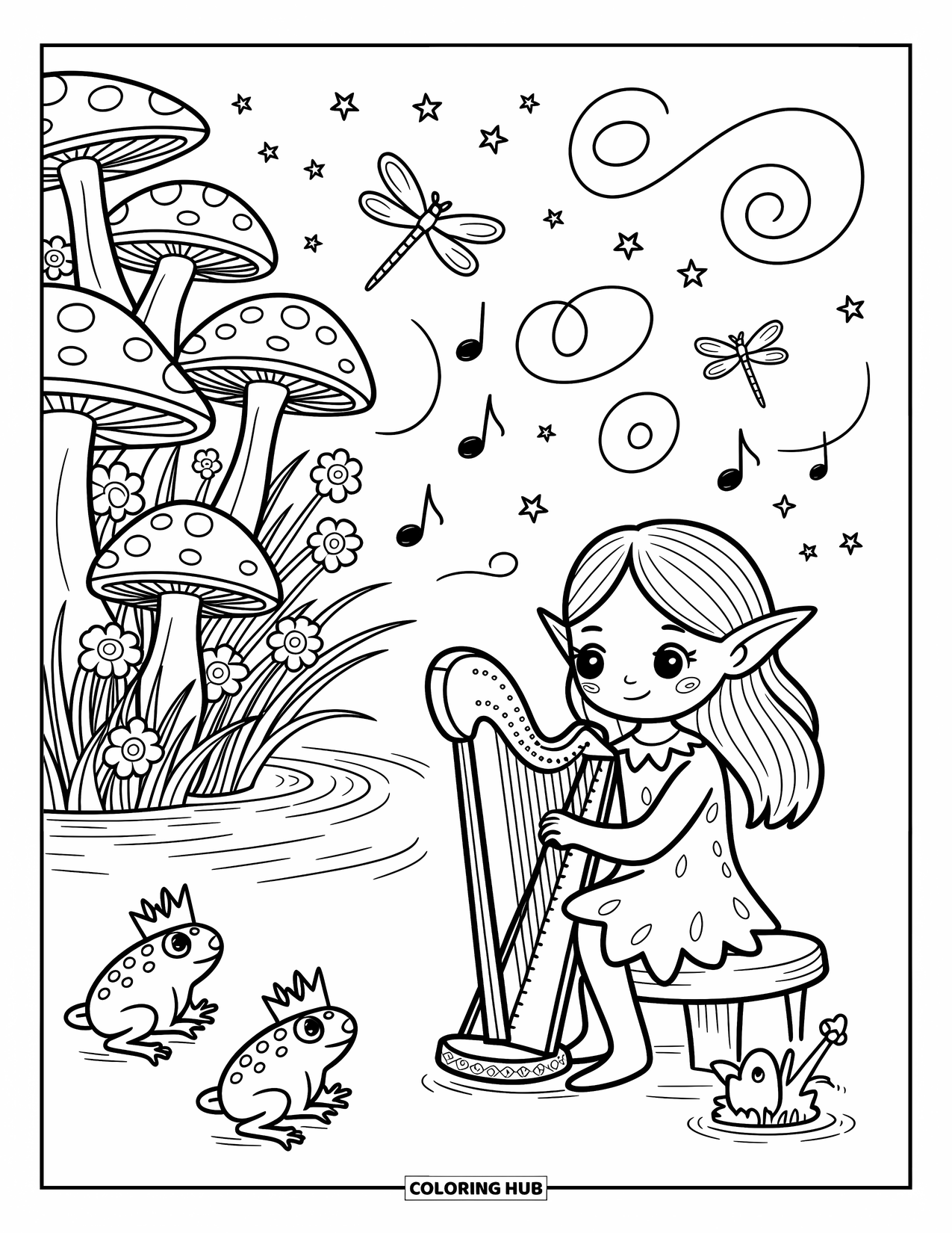 Fantasy Coloring Page for Adults: An elf plucks a harp near mushrooms while crowned frogs and dragonflies join the melody
