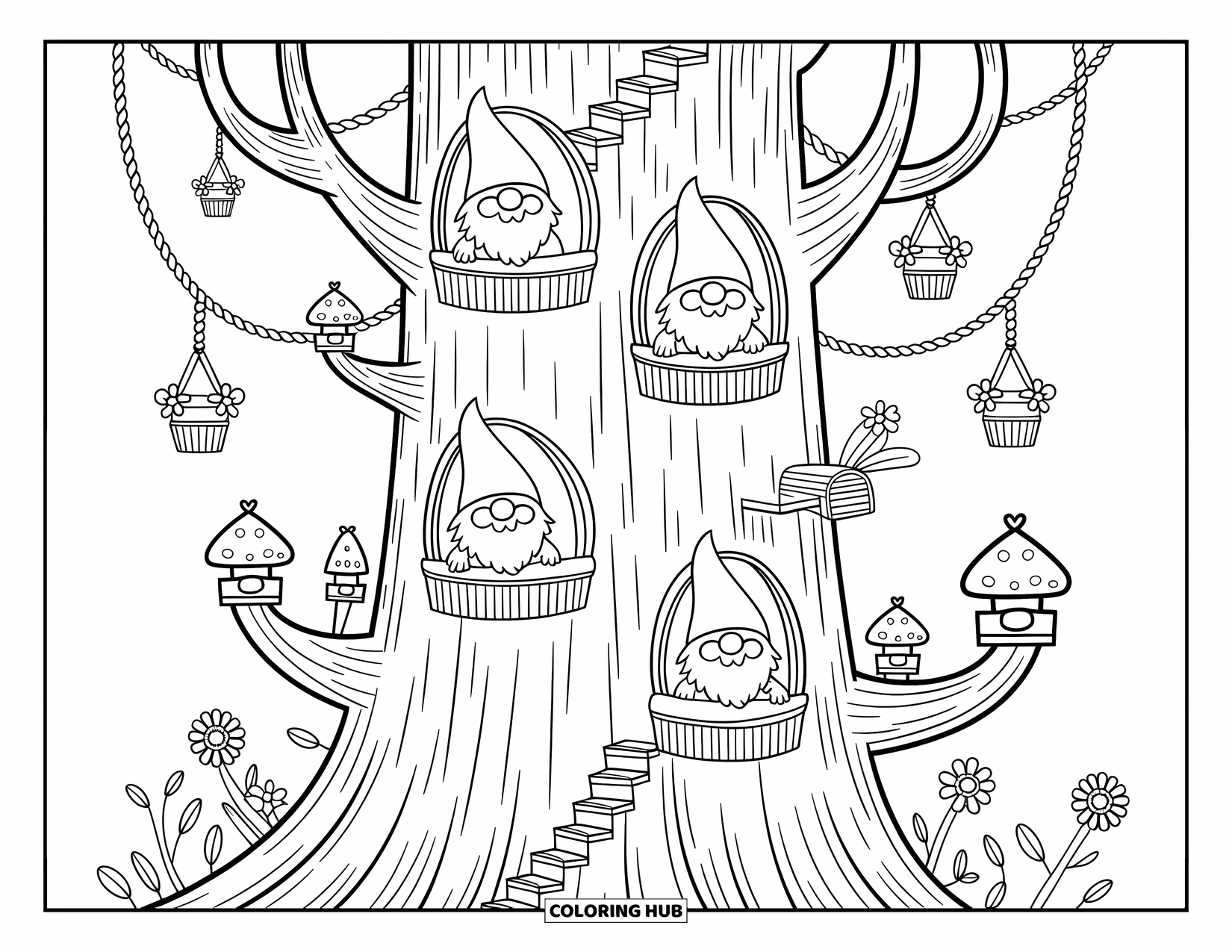 Fantasy Coloring Page for Adults: Gnomes wave from a tall tree village full of lanterns, staircases, and tiny baskets