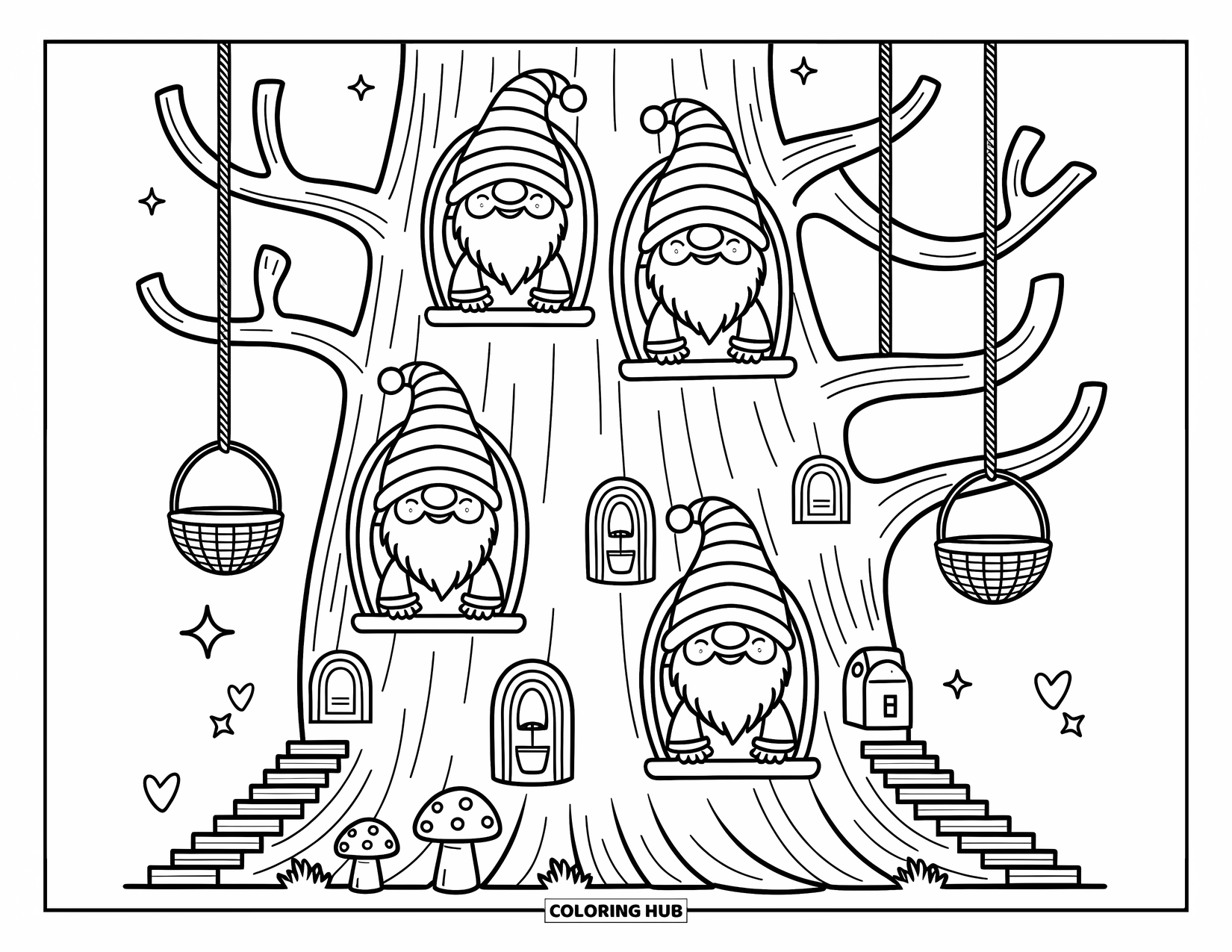 Fantasy Coloring Page for Adults: Happy gnomes pop out of windows in a magical tree village with ropes and mailboxes