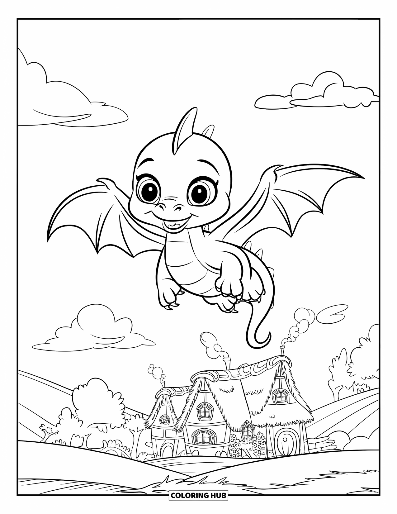 Fantasy Coloring Page for Kids: A baby dragon smiles as it flies over a fairytale village