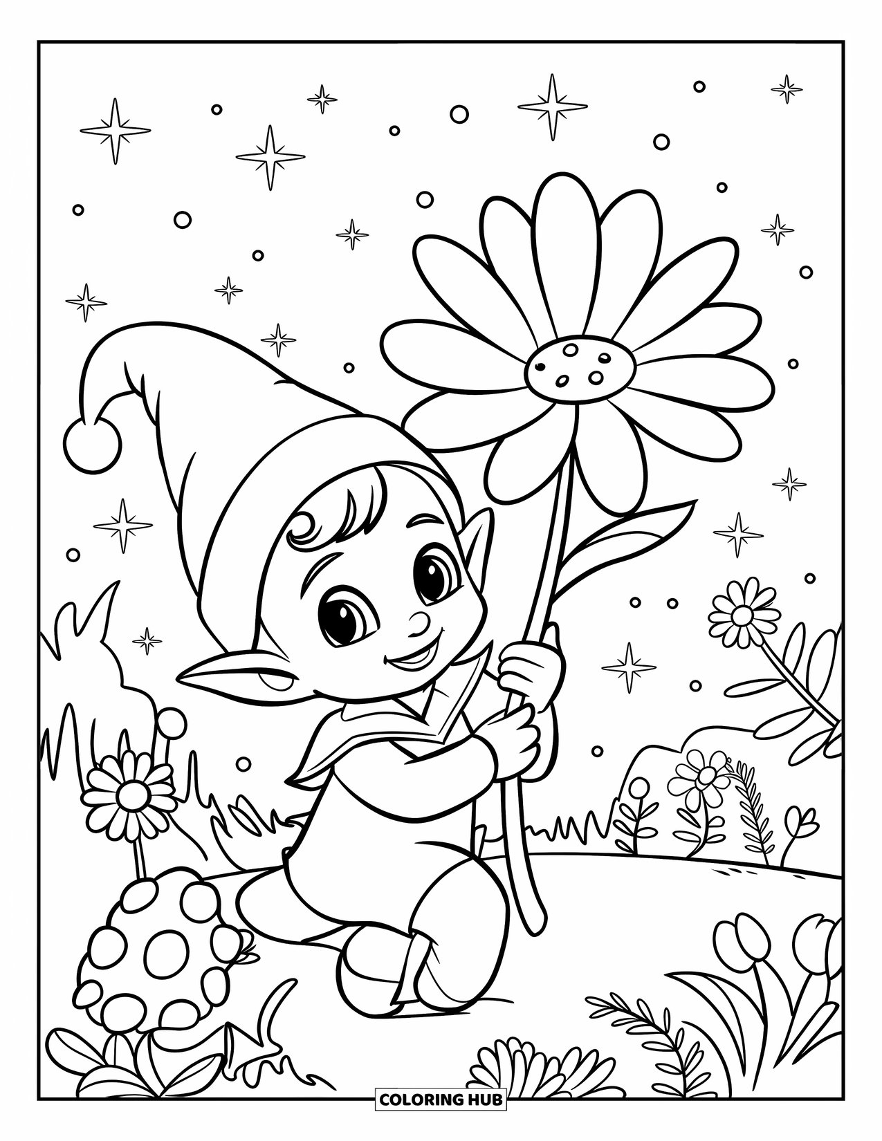 Fantasy Coloring Page for Kids: A baby elf hugs a giant flower in a sparkling garden