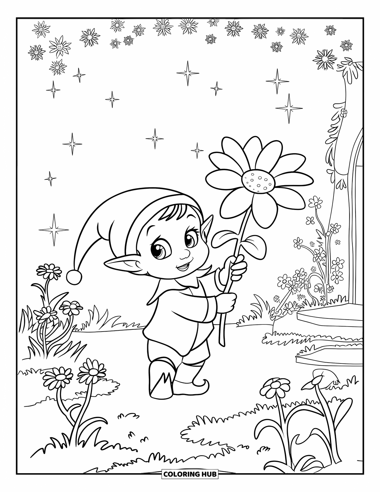 Fantasy Coloring Page for Kids: A baby elf with a giant flower stands in a magical mossy garden