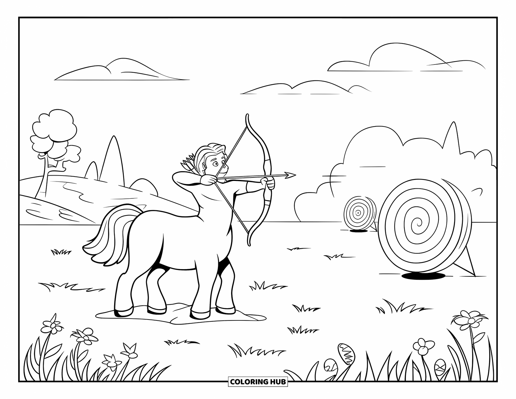 Fantasy Coloring Page for Kids: A centaur practices archery in a sunny glade with floating targets