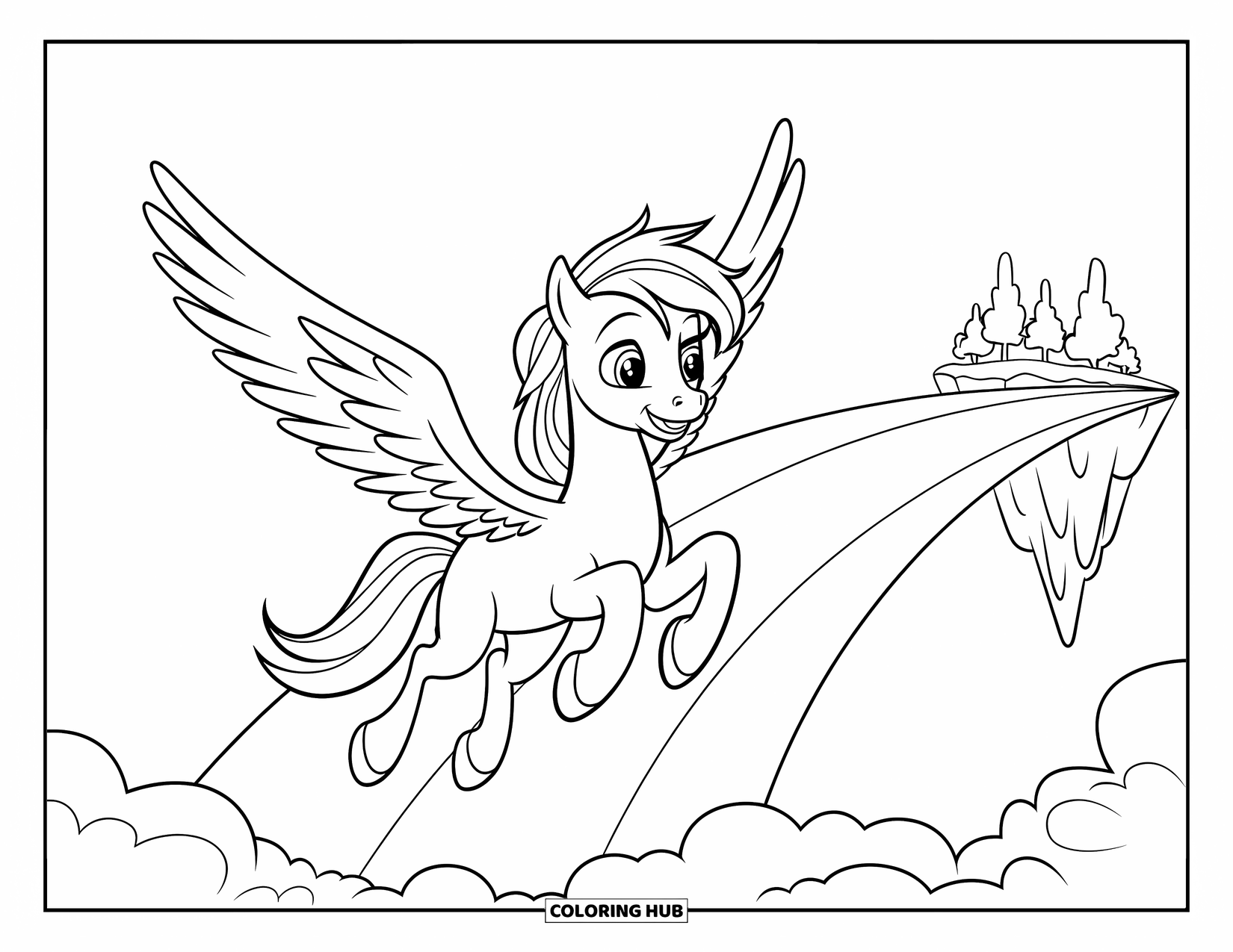 Fantasy Coloring Page for Kids: A cheerful Pegasus zooms past a rainbow near a magical island