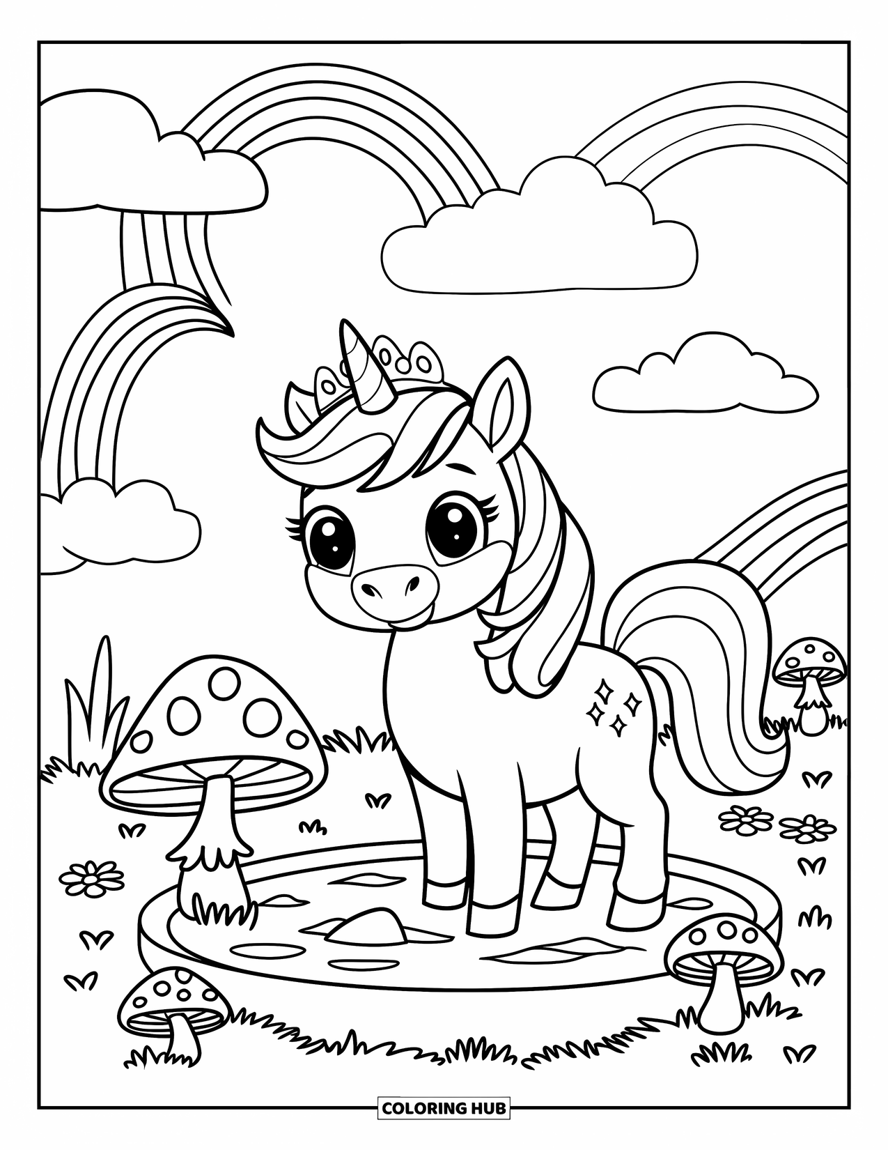 Fantasy Coloring Page for Kids: A crowned unicorn gazes at a pond surrounded by mushrooms and grass