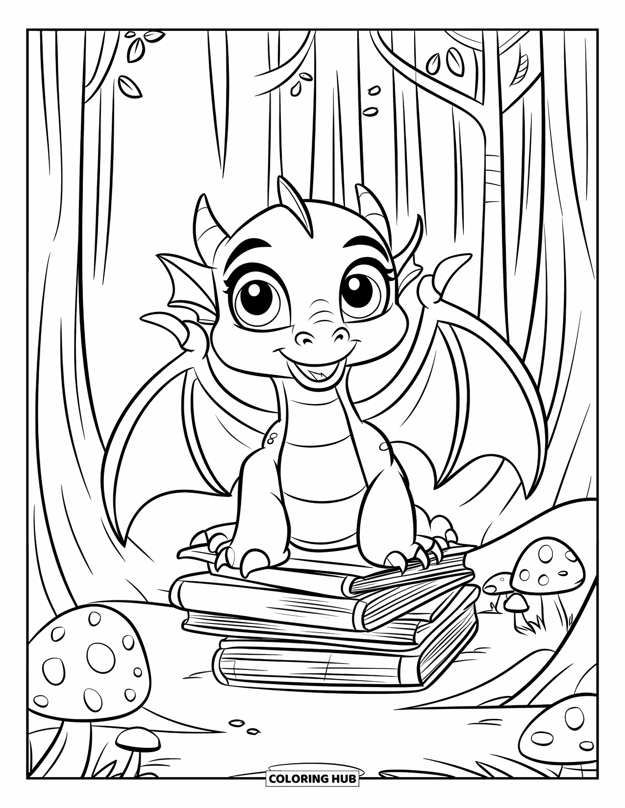 Fantasy Coloring Page for Kids: A curious dragon watches over books and potions in a forest