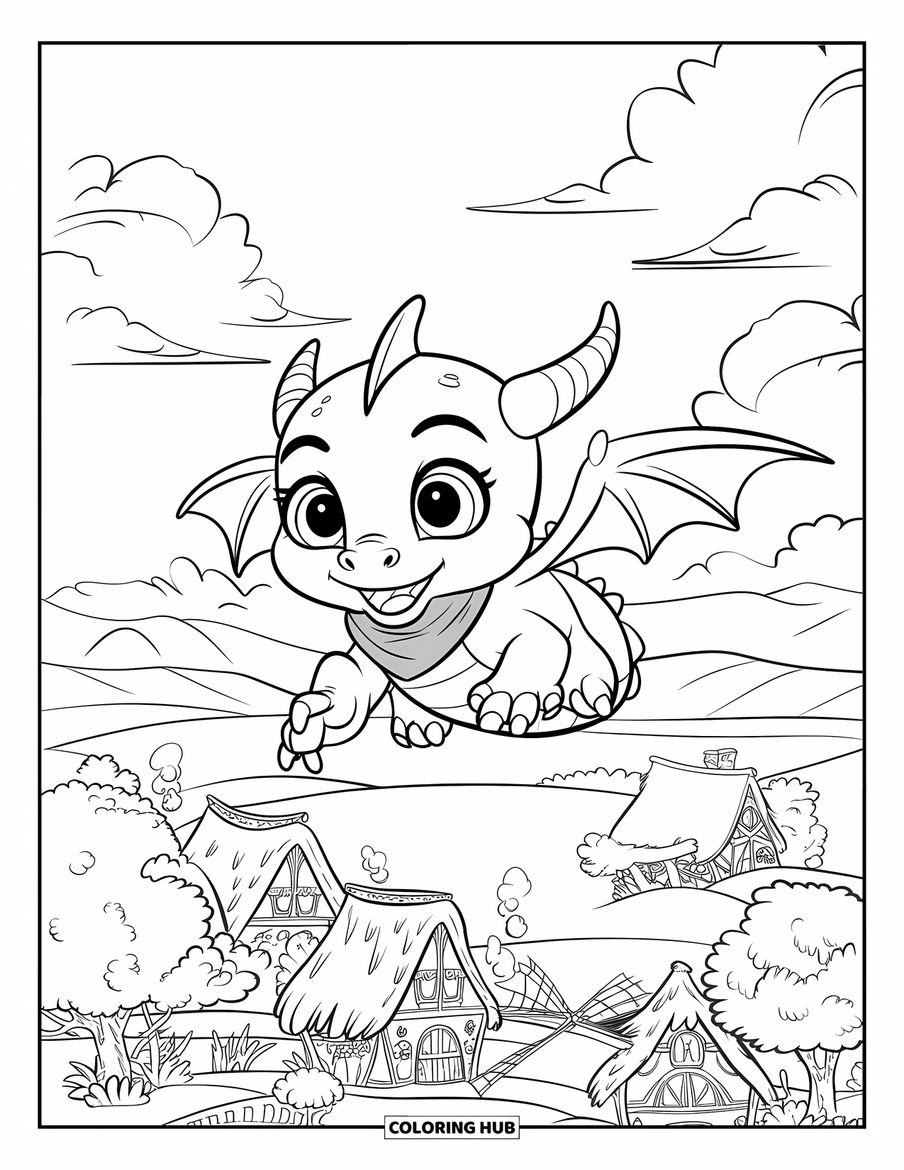 Fantasy Coloring Page for Kids: A happy dragon soars above a cottage-filled valley under puffy clouds