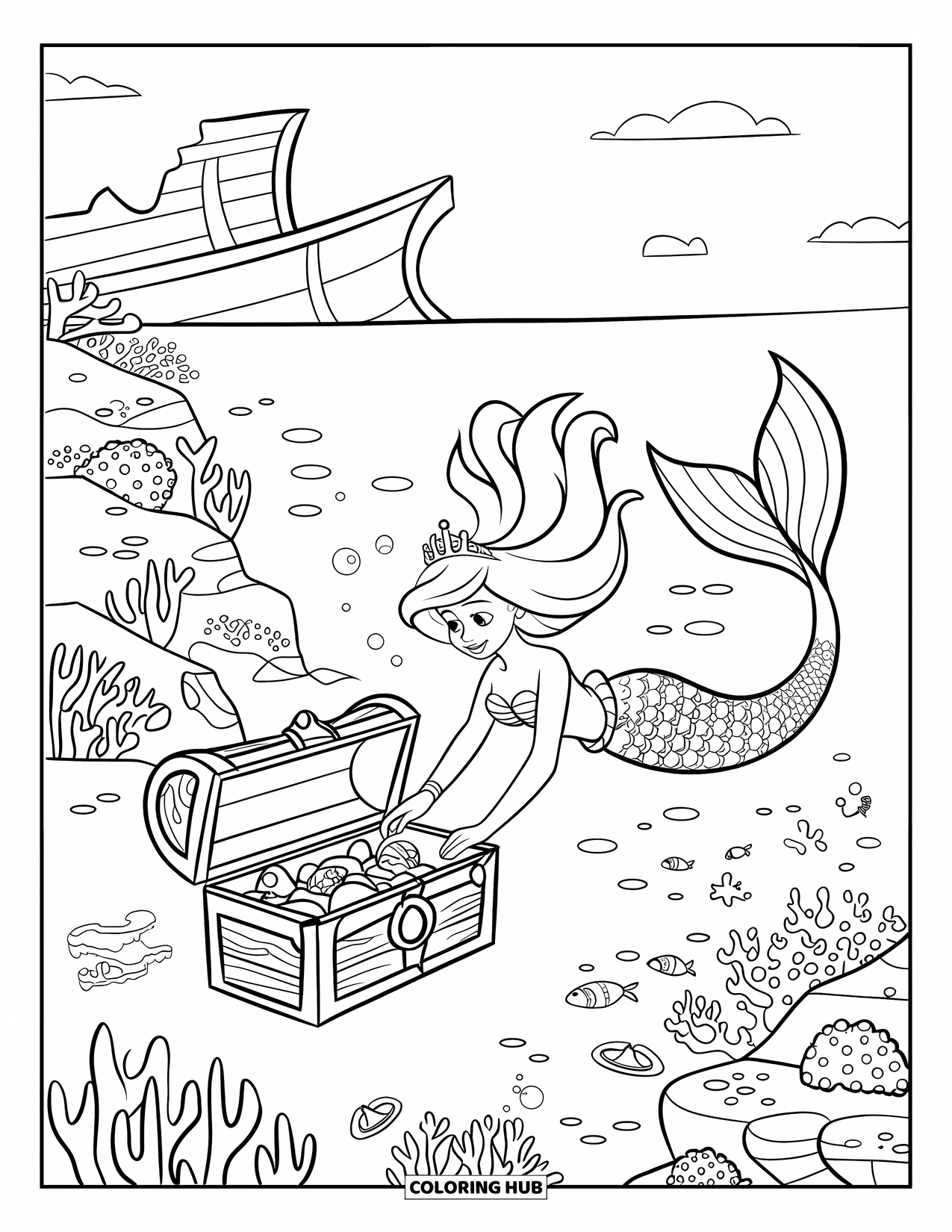Fantasy Coloring Page for Kids: A mermaid explores coral reefs near a treasure chest full of gold